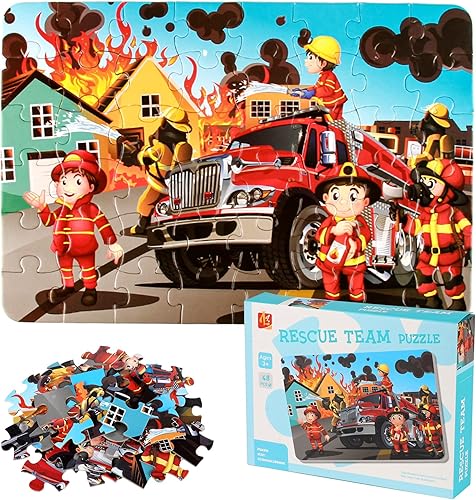 SiTimmGer Rompecabezas de equipo de rescate para niños de 4 a 8 años, 48 piezas de rompecabezas de fuego de bomberos de dibujos animados, juguete