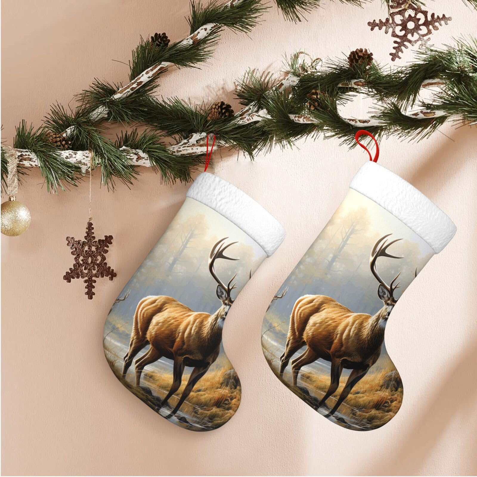 17.7" Christmas Stocking 1 Piece, Deer Wildlife Art Xmas Stockings with White Plush Cuff Fireplace Hanging Stocking for Christmas Holiday Party Decoration