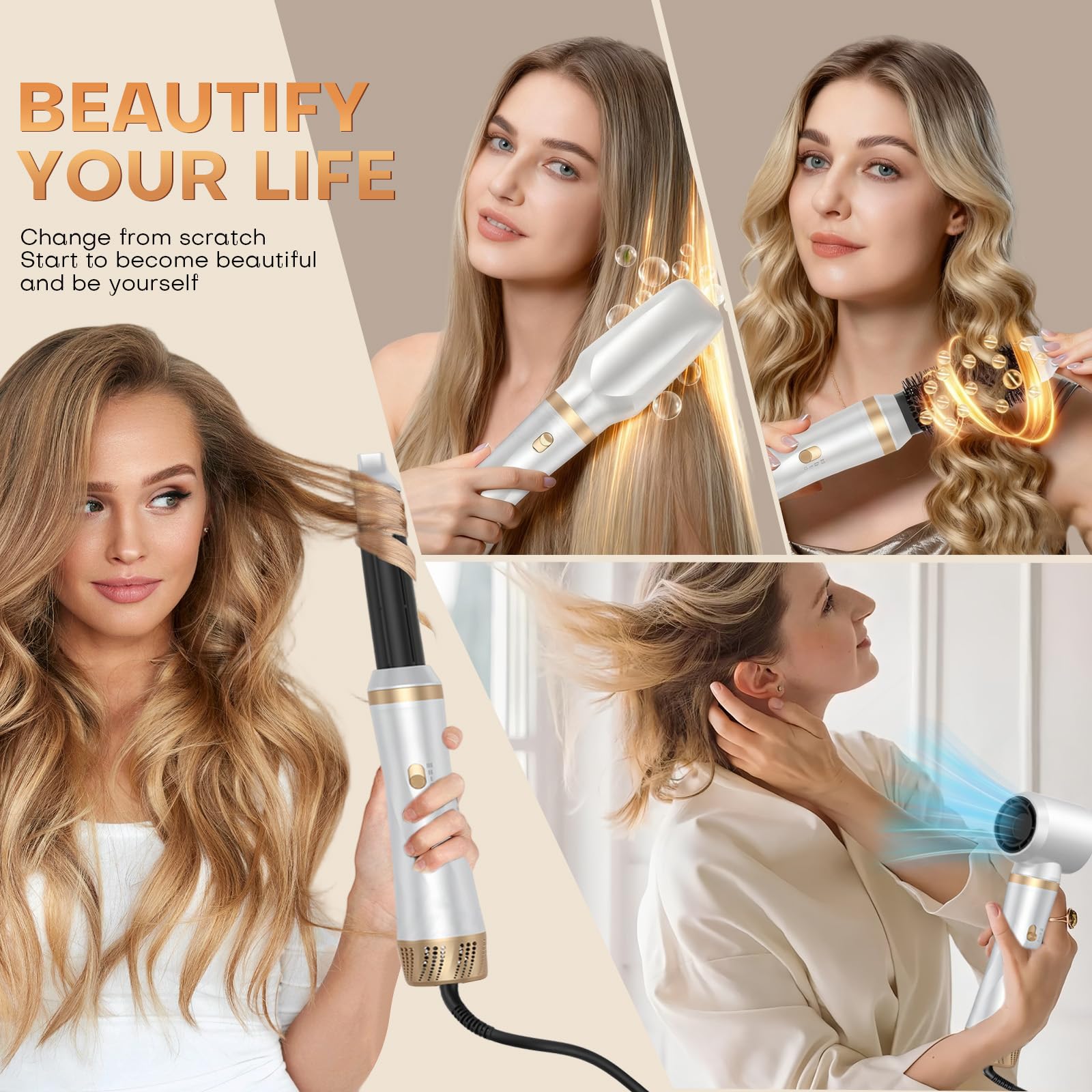 5 in 1 Hair Dryer Brush, 1000W Air Styler Set with Hair Dryer, Volumizing Straightening Brush and Curling Iron, 3 Temperatures and Speeds for Drying Straightening and Curling