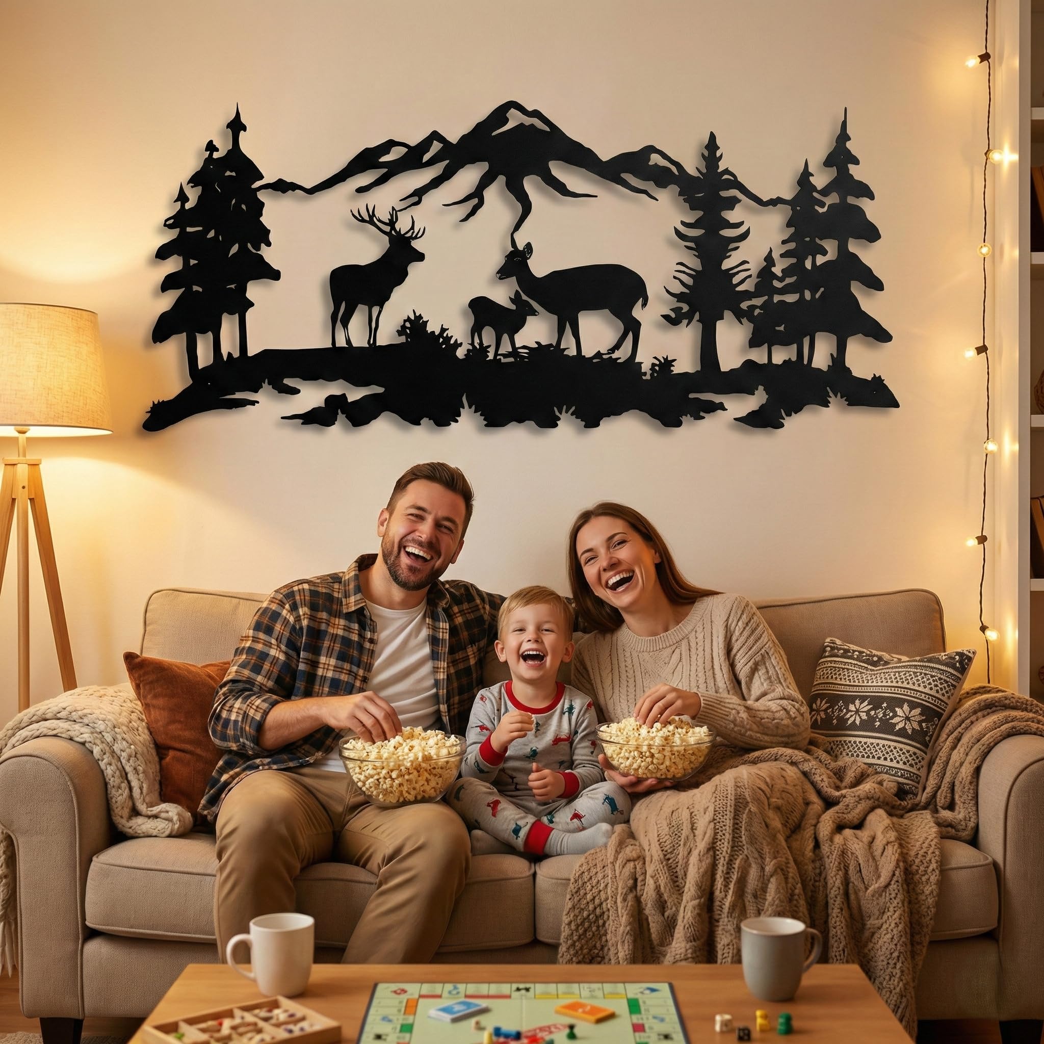 DEKADRON Arte da parete in metallo, decorazione da parete per la famiglia dei cervi, decorazione per alberi in metallo, (60 x 26 cm)