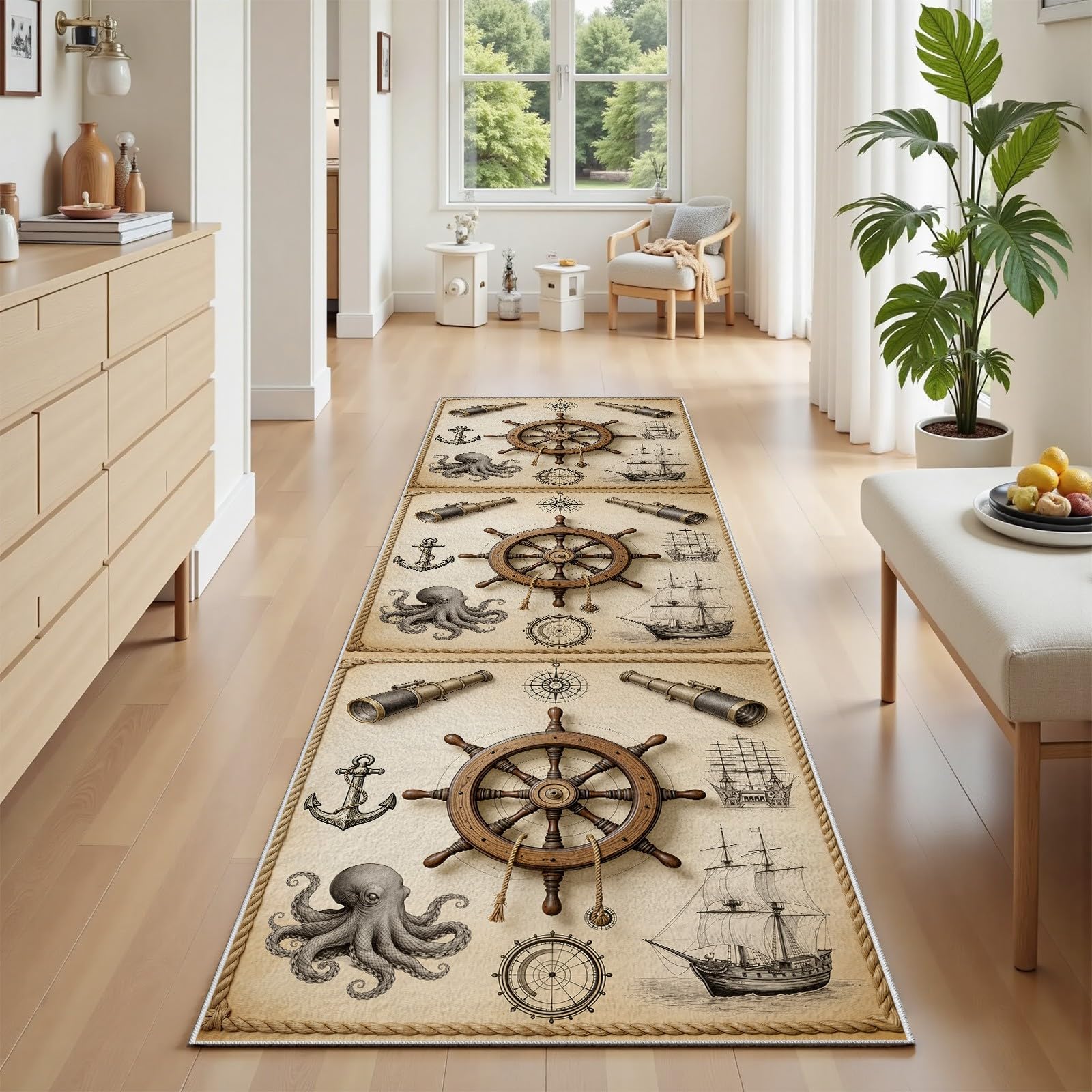 Tapis couloir long maritime lavable et antidérapant pour entrée de maison