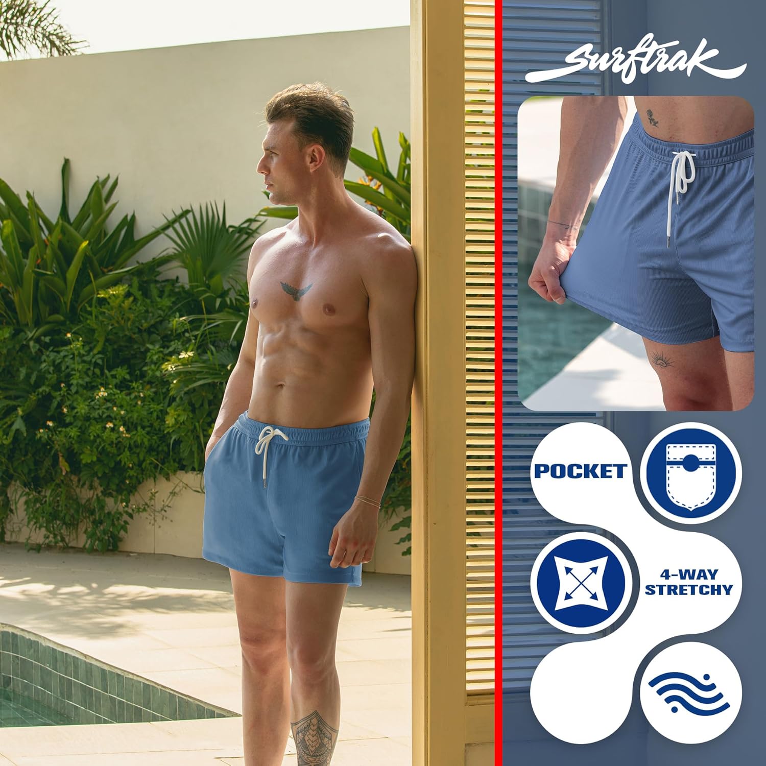 Mens Swim Trunks with Compression Liner 5 inch Textured Ribbed 4 Way Stretch Mens Bathing Suits Beach Short Swimsuit - Image 5