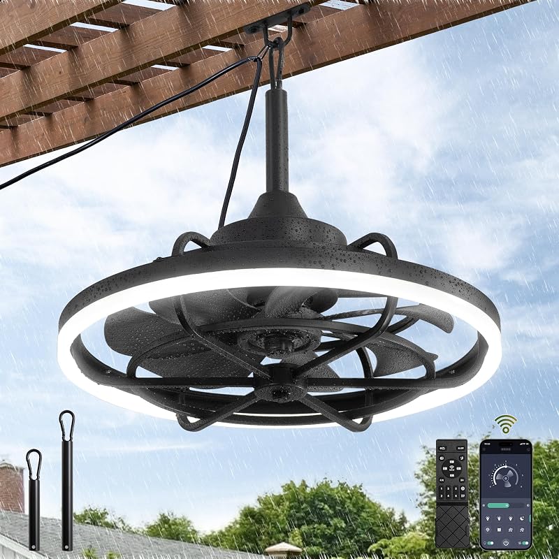 Fanbulous 20" Outdoor Ceiling Fan with Light, Waterproof Caged Gazebo Fan | IP65, Weatherproof, Plug in , Remote, APP Control, 3CCT Dimmable, Outdoor Fan with Hanging Hook for Patio, Porch, Pergola
