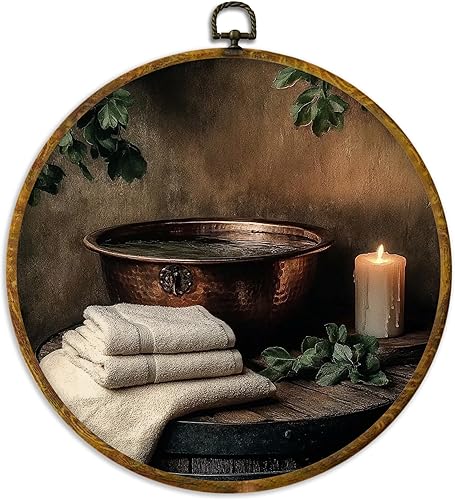 XPH Arte de pared redondo de baño rústico vintage enmarcado, decoración de pared circular de cobre antiguo para lavabo botánico, impresión de lienzo