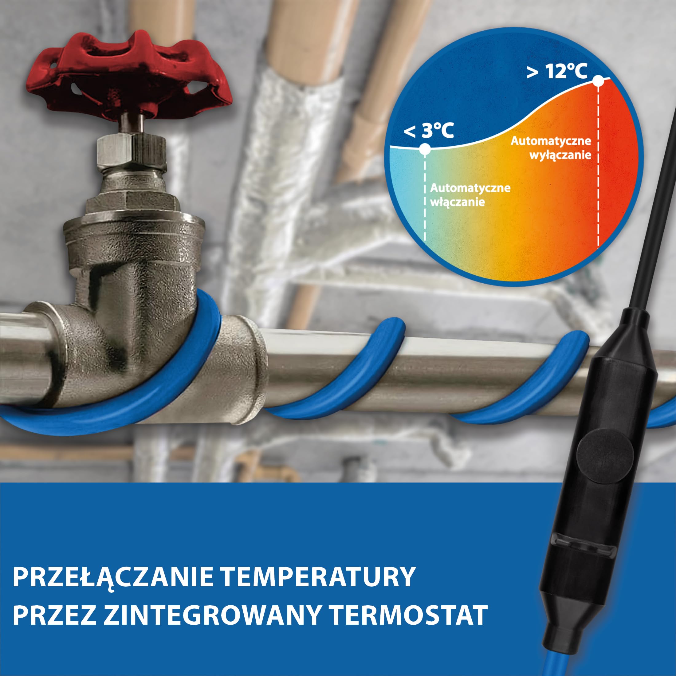 Kabel elektryczny przeciwzamrożeniowy 15 W/m – rury, przewody, zbiorniki – ogrzewanie towarzyszące, ogrzewanie odszraniające, kabel grzejny – długość 12 m z termostatem +5°C włączony / +15°C wyłączony