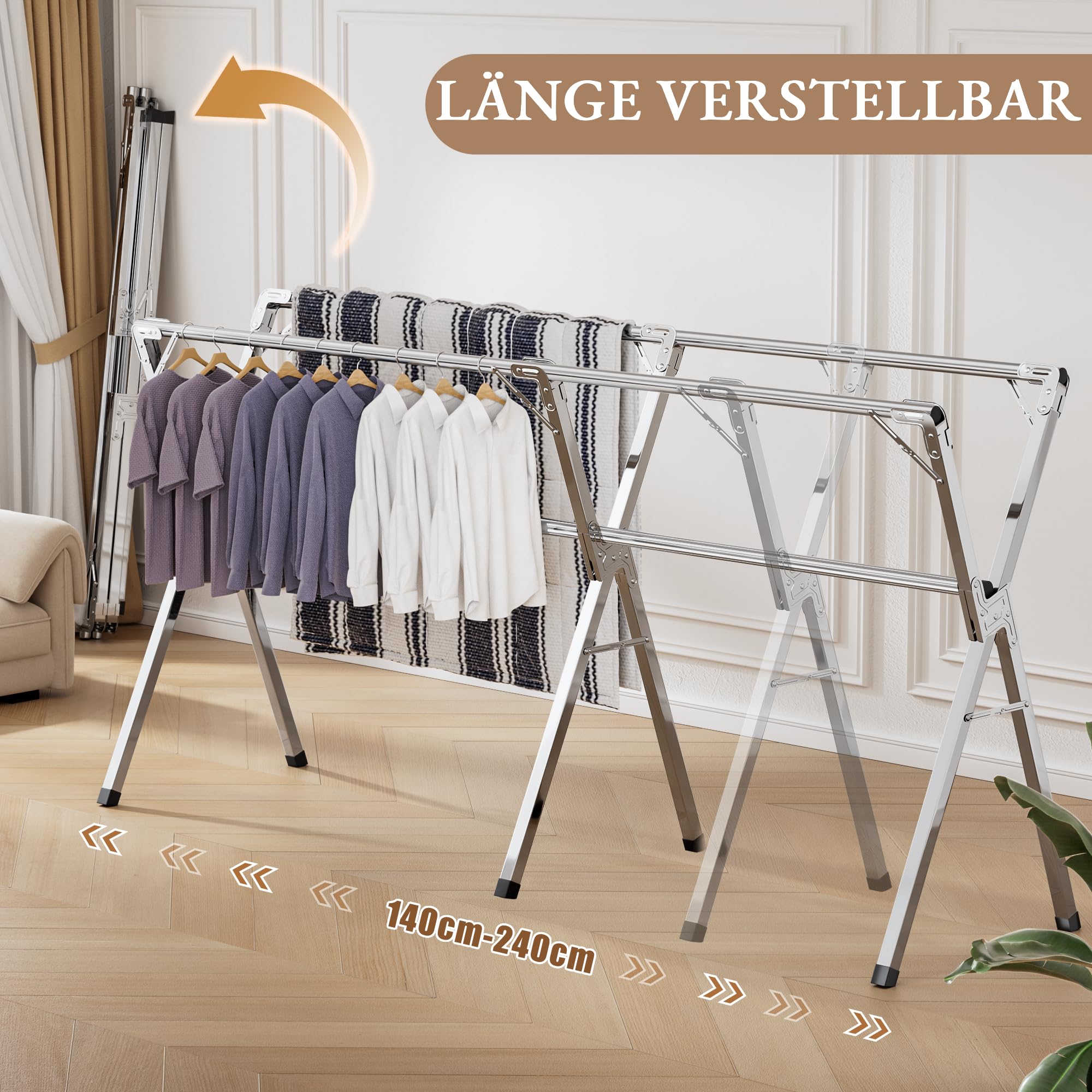 Wäscheständer aus Edelstahl klappbar, Wäschetrockner für Innen & Außen, verstellbar 140–240 cm, Jede Stange bis 60 kg belastbar, 40 Winddichte Kleiderhaken, großer Kleiderständer