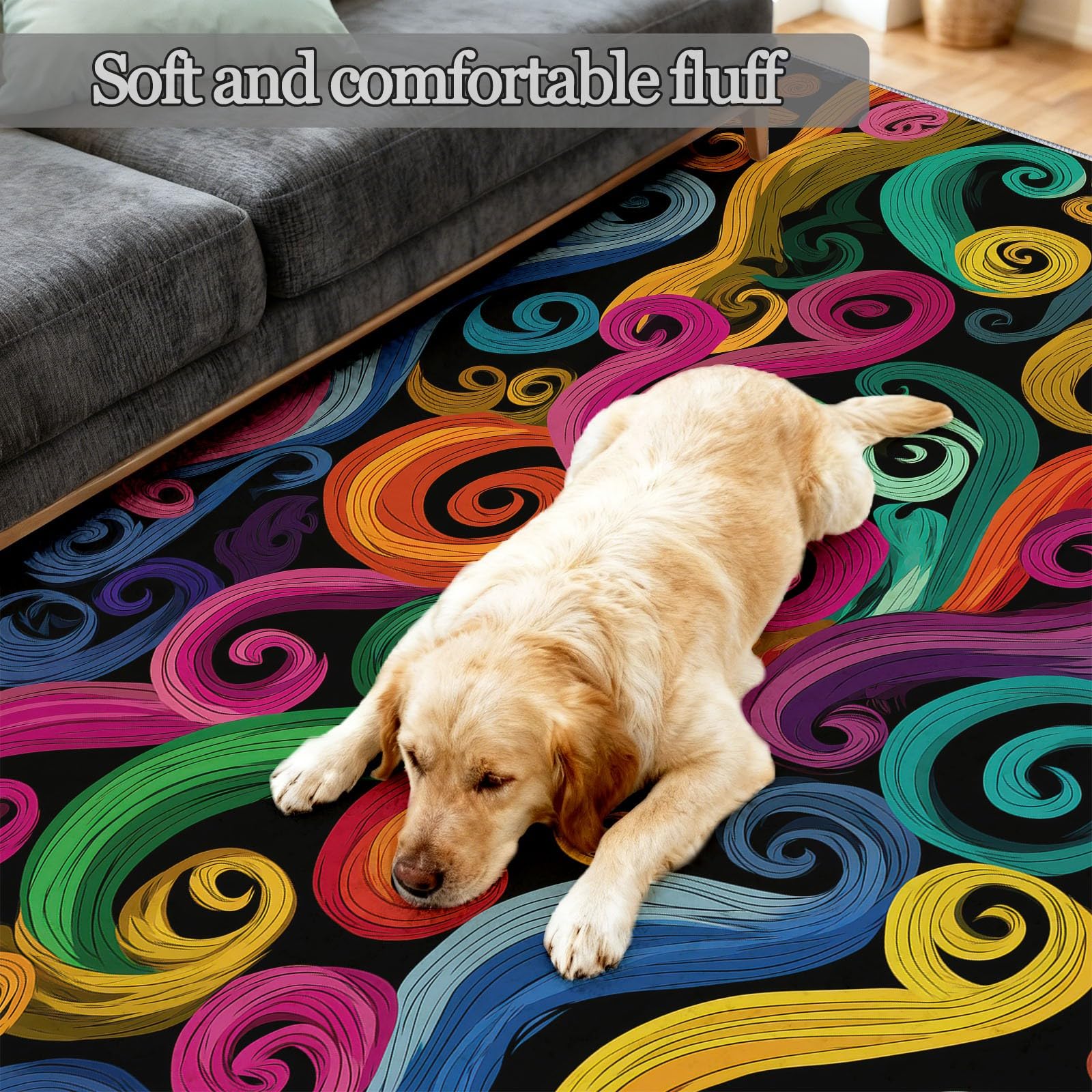 160 x 230 cm Tapis à Poils Courts lavables, Couleur Fantaisie Néon Carpet Motif, Effet 3D Vagues Tourbillons Arcs-en, pour décoration la Chambre Manger à Coucher de Salon