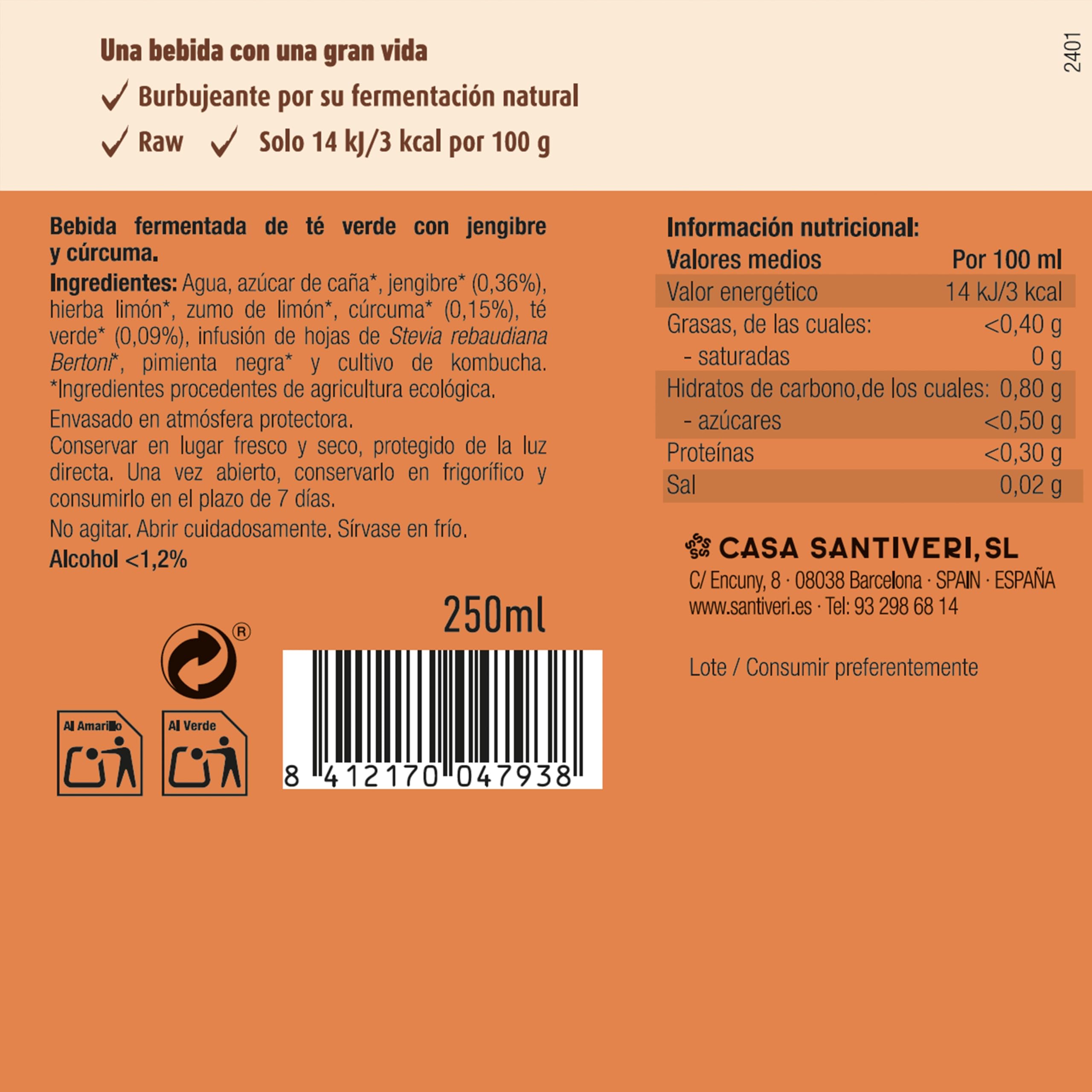 SANTIVERI Kombucha Cúrcuma-Jenjibre BIO Bebida fermentada de té verde 250 ml