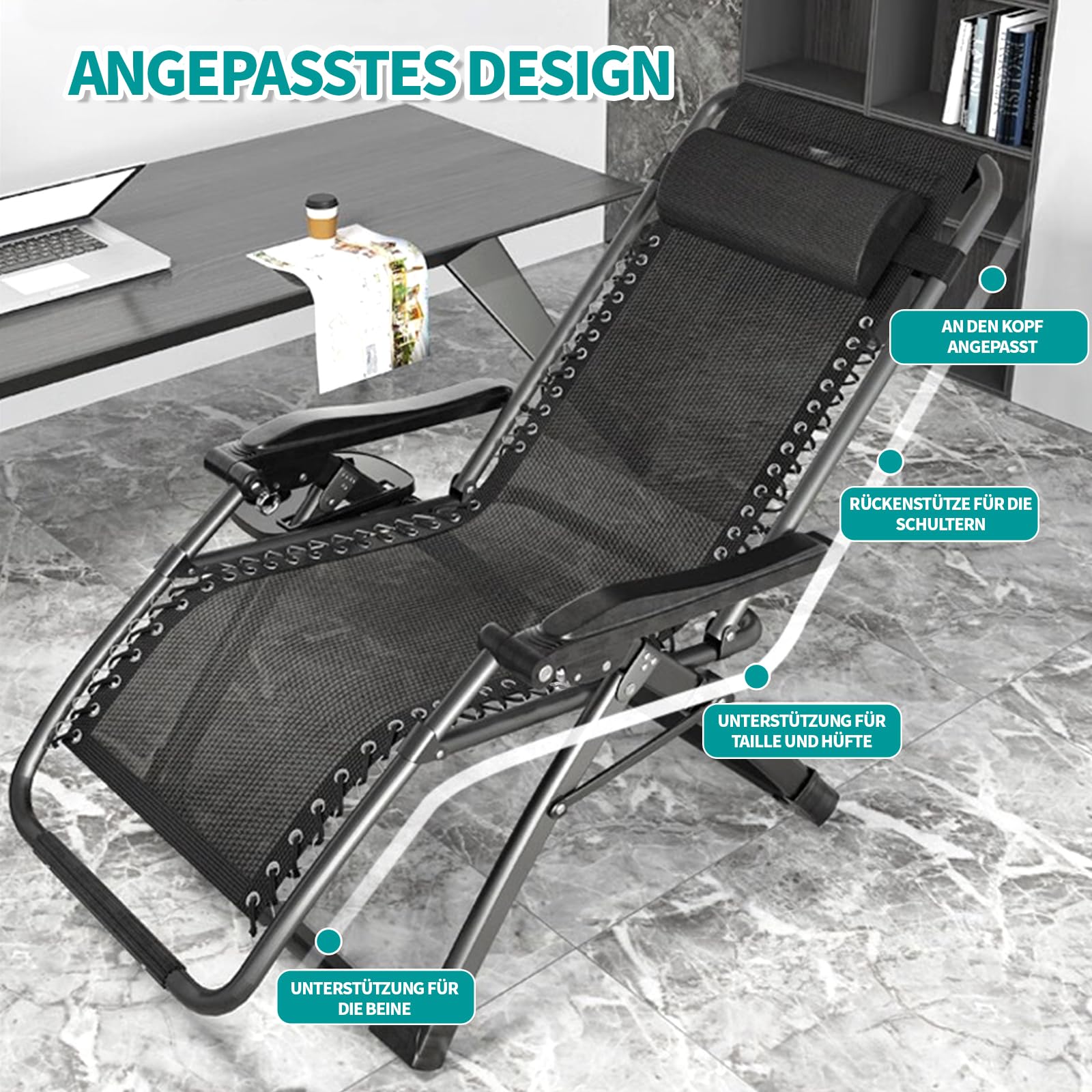 Fiutazge Ergonomiczny leżak do opalania, 72 cm, regulowane oparcie, leżak ogrodowy z poduszką, uchwyt na napoje, zagłówek, podnóżek, leżak do patio, ogrodu, na plażę, do basenu, czarny