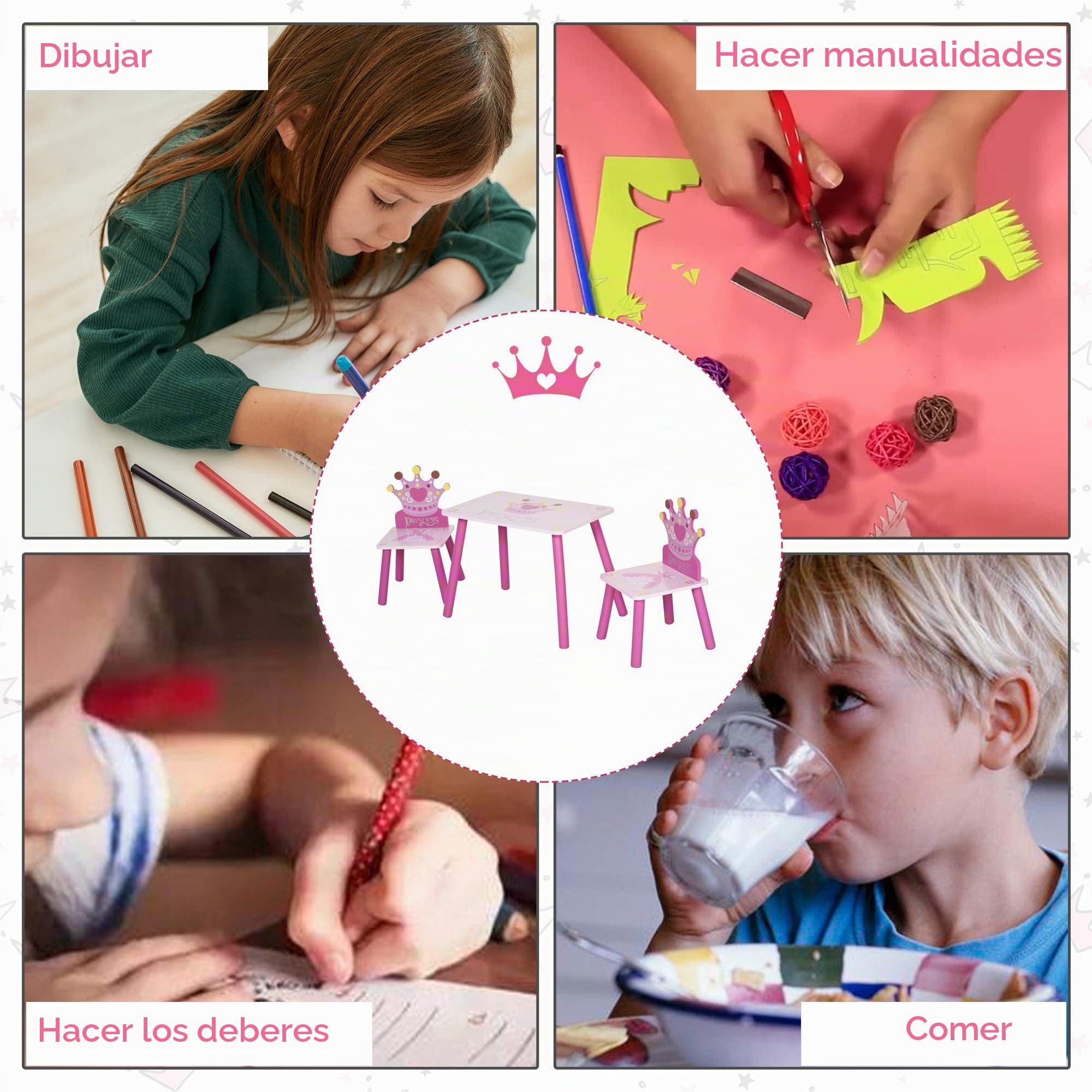 HOMCOM Juego de Mesa y 2 Sillas Infantiles de Madera Set de Mesa de Escritorio 55x34x42 cm y Sillas 28x26x50 cm para Niños 2-4 Años para Salas de Juego Dormitorio de Niño Rosa