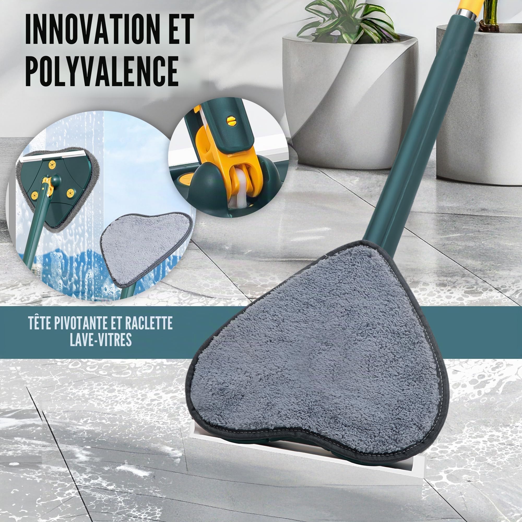 Bione Serpillère triangulaire auto-essorante avec 6 serpillières et raquette de nettoyage de vitres - Serpillère auto-essorante rotative à 360 °