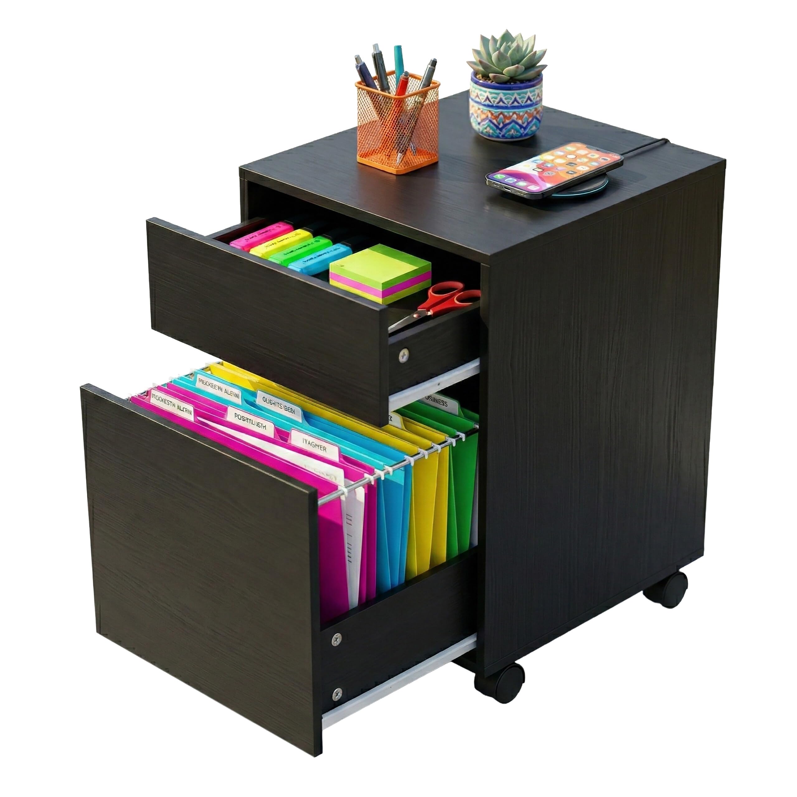 Relaxdays Caisson Bureau sur roulettes, 2 tiroirs, pour dossiers Suspendus, 57x40x40 cm, Noir