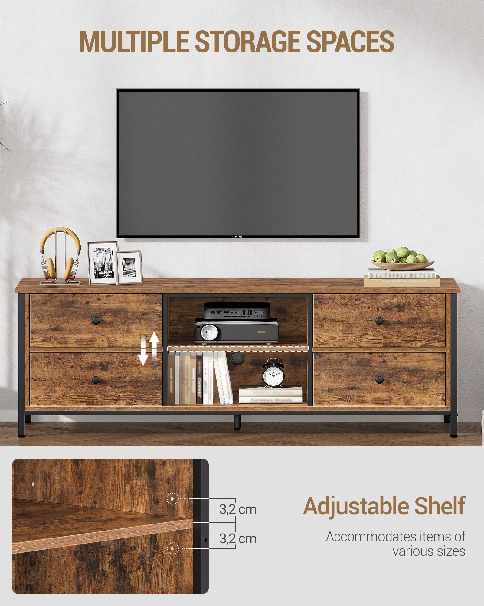 Hzuaneri Mobile TV, tavolino porta TV a 4 cassetti, adatto per TV fino a 165 cm, con 2 vani aperti, 40 x 147 x 50 cm, adatto per soggiorni, camere da letto e sale da pranzo, marrone vintage TV16801B