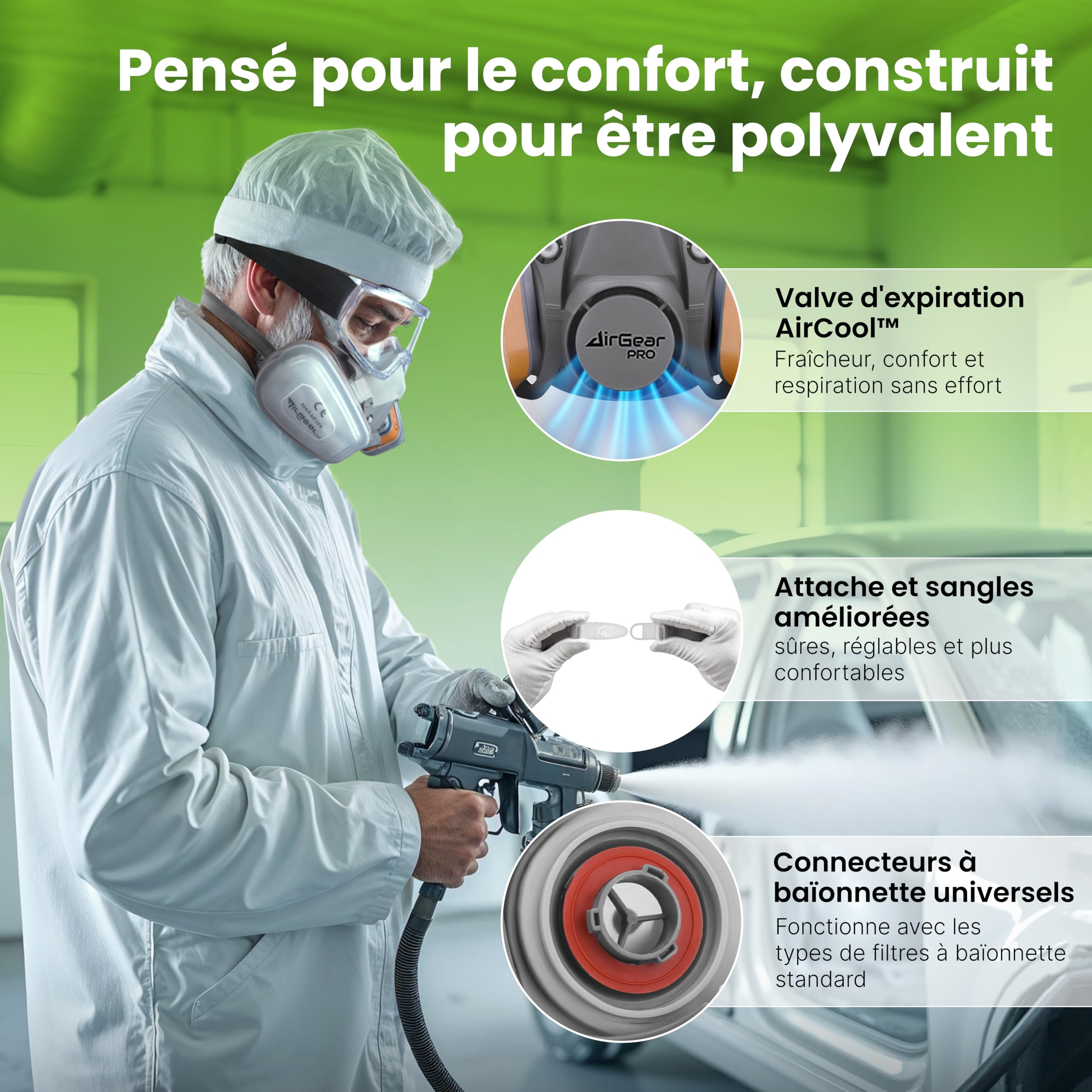 AirGearPro G-500 Masque de Protection Respiratoire Réutilisable Anti poussière Gaz avec Filtres et Lunettes de Protection
