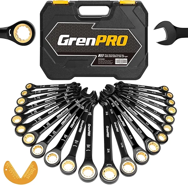 GRENPRO Ratcheting Wrenches Set, Combination Wrench Sets With Organizer Box, 23PC SAE & Metric And Standard, 1/4" to 3/4" & 6-18mm, Open End Wrench Set, Electrophoretic Coating Sock Mechanic Tools