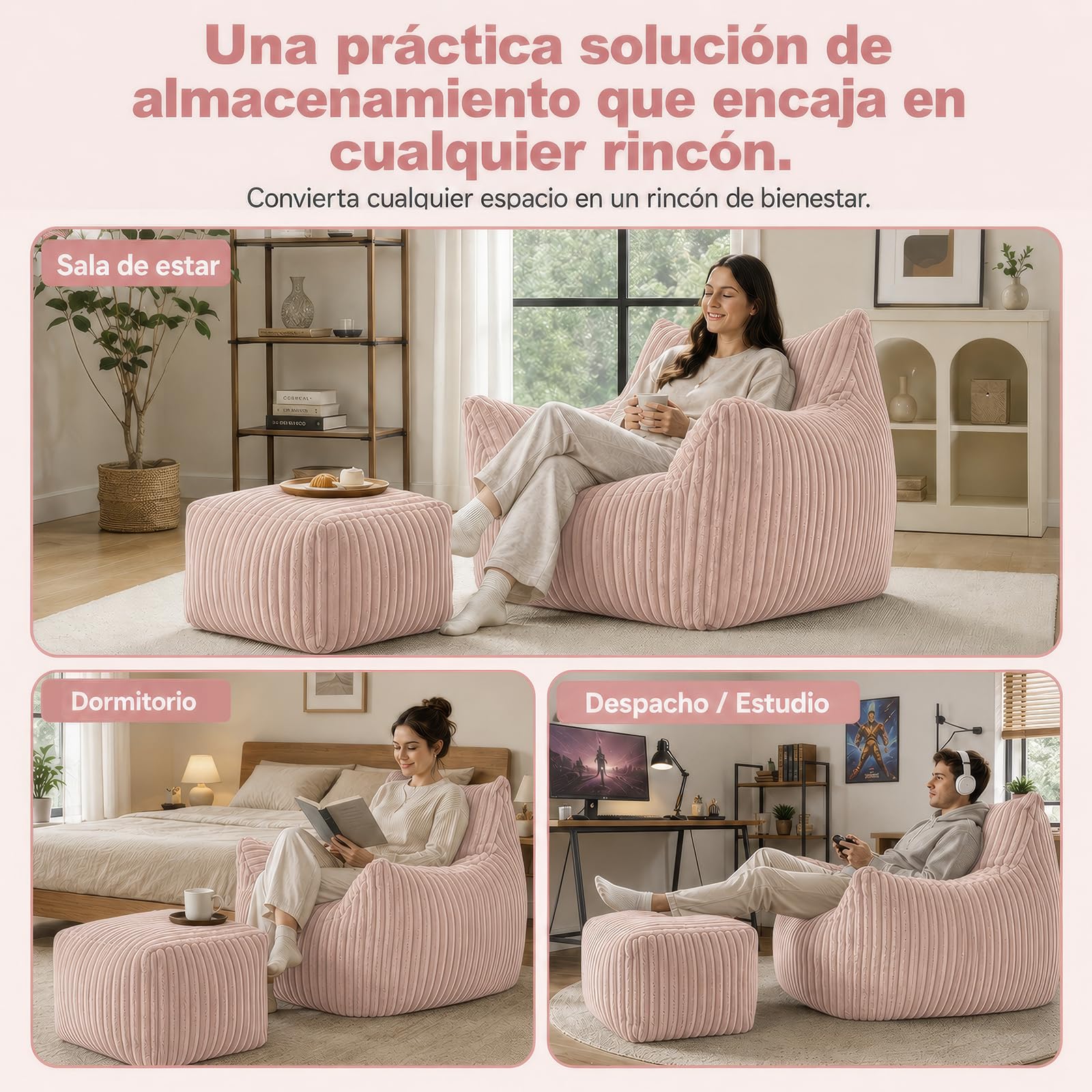 Pouf XXL pour adultes avec ottoman – Fauteuil inclinable ergonomique avec 5 zones de soutien, housse de cordon, rembourrage en mousse à rebond élevé, gain de place pour salon (rose)