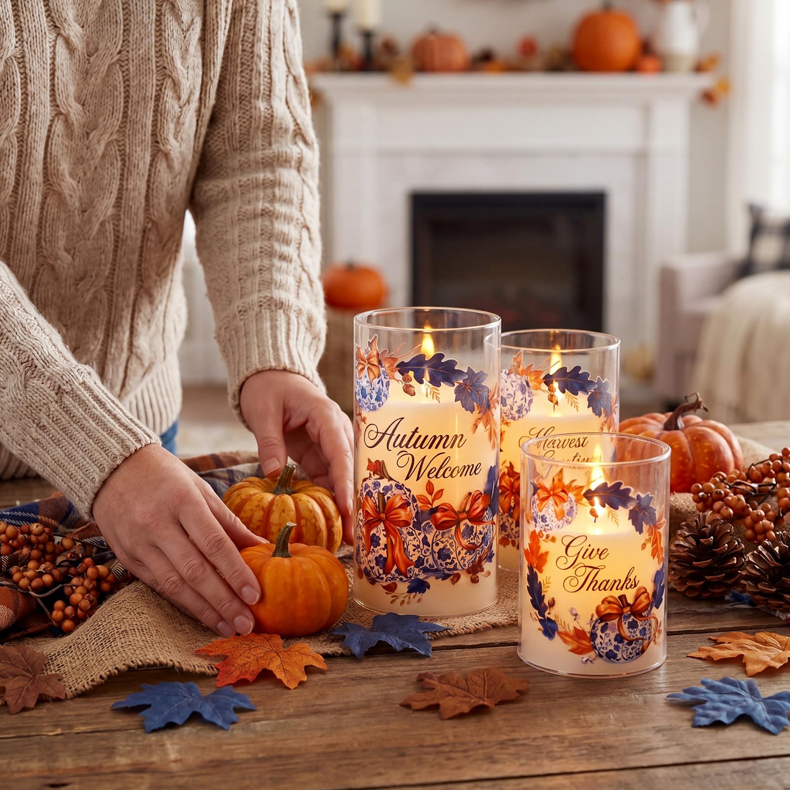 Gerrii Confezione da 3 candele a LED senza fiamma, a forma di foglia d'acero, decorazione a batteria, per casa, tavola, centrotavola, decorazione per feste e raccolti (blu stile carino)