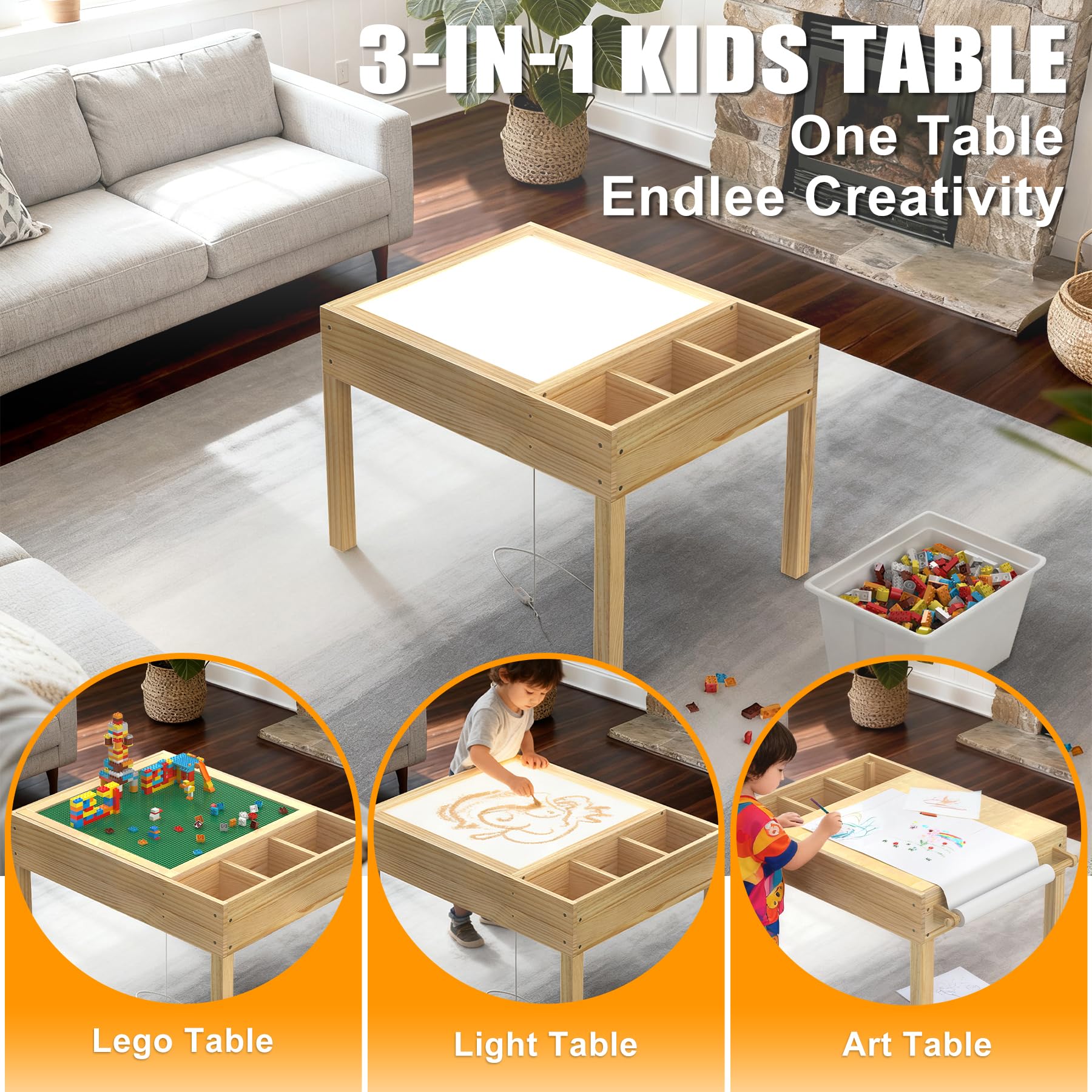 GDLF Tavolo luminoso per bambini, 3 in 1, tavolo per attività per bambini, con contenitore, sensore a LED, mattone da costruzione e postazione artistica, con supporto per rotolo di carta, per bambini
