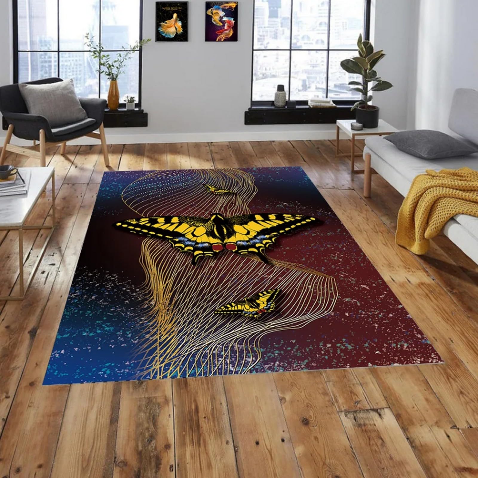 Tapis antidérapant papillons grand format 120x160 lavable avec dossier caoutchouc