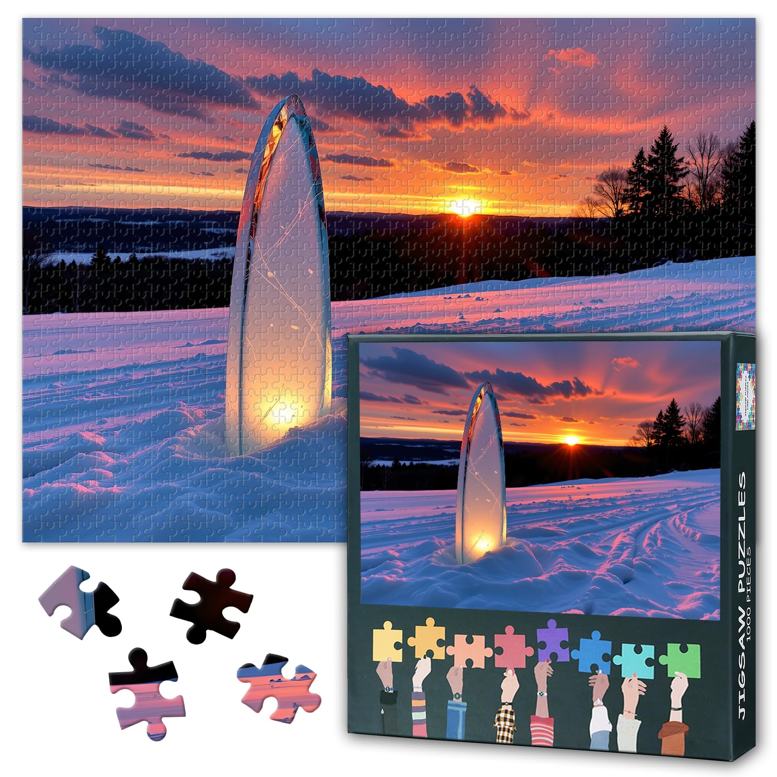 Snowy Scene at Sunset Jigsaw Puzzles for Adults 1000 Pieces, Glowing Slass Skis 1000 Piece Puzzle, Impossible Challenging Jigsaw Puzzles, 19.5 x 27.5 Inch