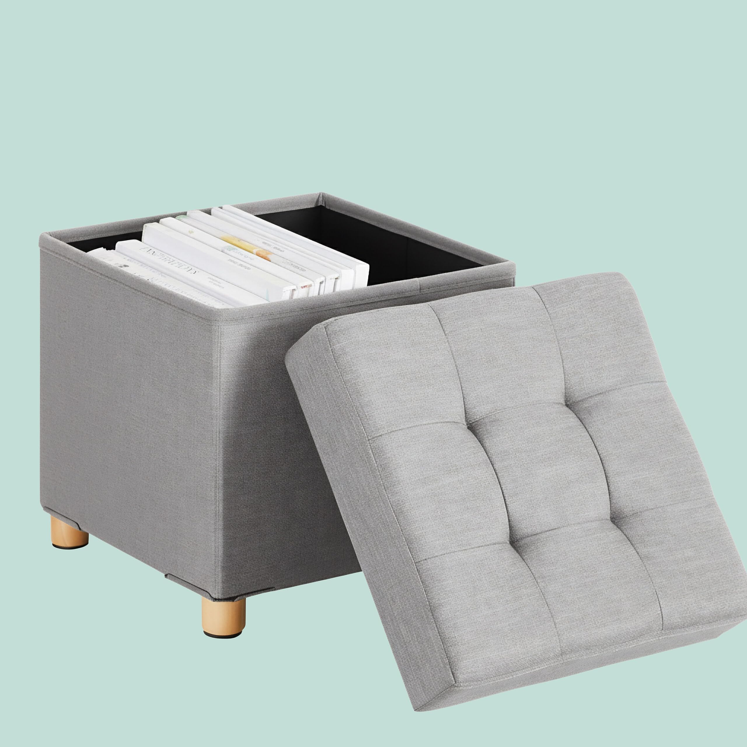 Tabouret Relaxdays avec Rangement, rembourré, H x L x P : 38 x 38 x 38 cm, en Lin, Pieds en Bois, Gris Clair