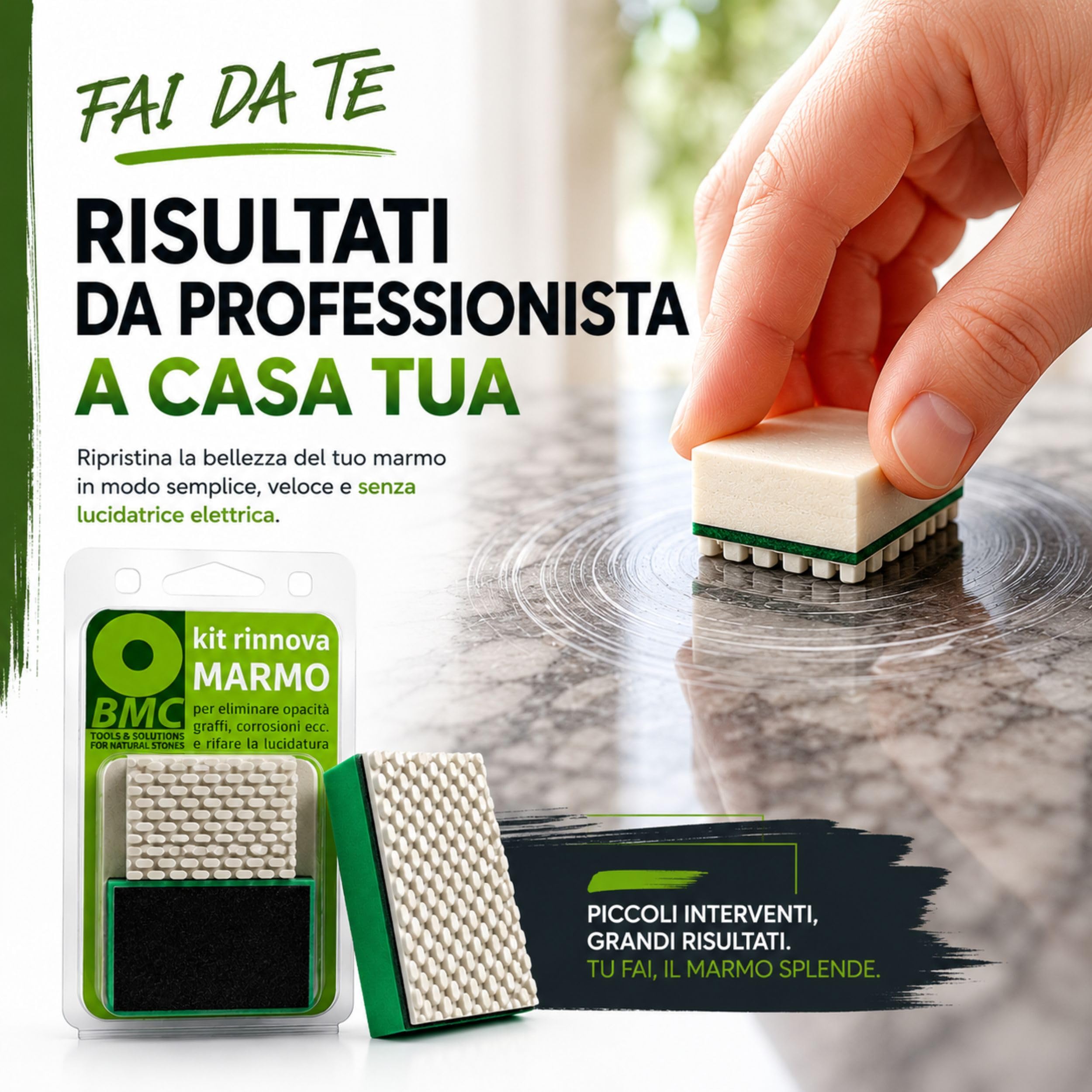 PIETRE D'ALPI Kit Lucidatura Marmo Manuale + BMC Saponetta Lucidante | Abrasivi diamantati grane 200-1500, polvere lucidante, saponetta chimica solida, uso a mano su marmo e pietre calcaree