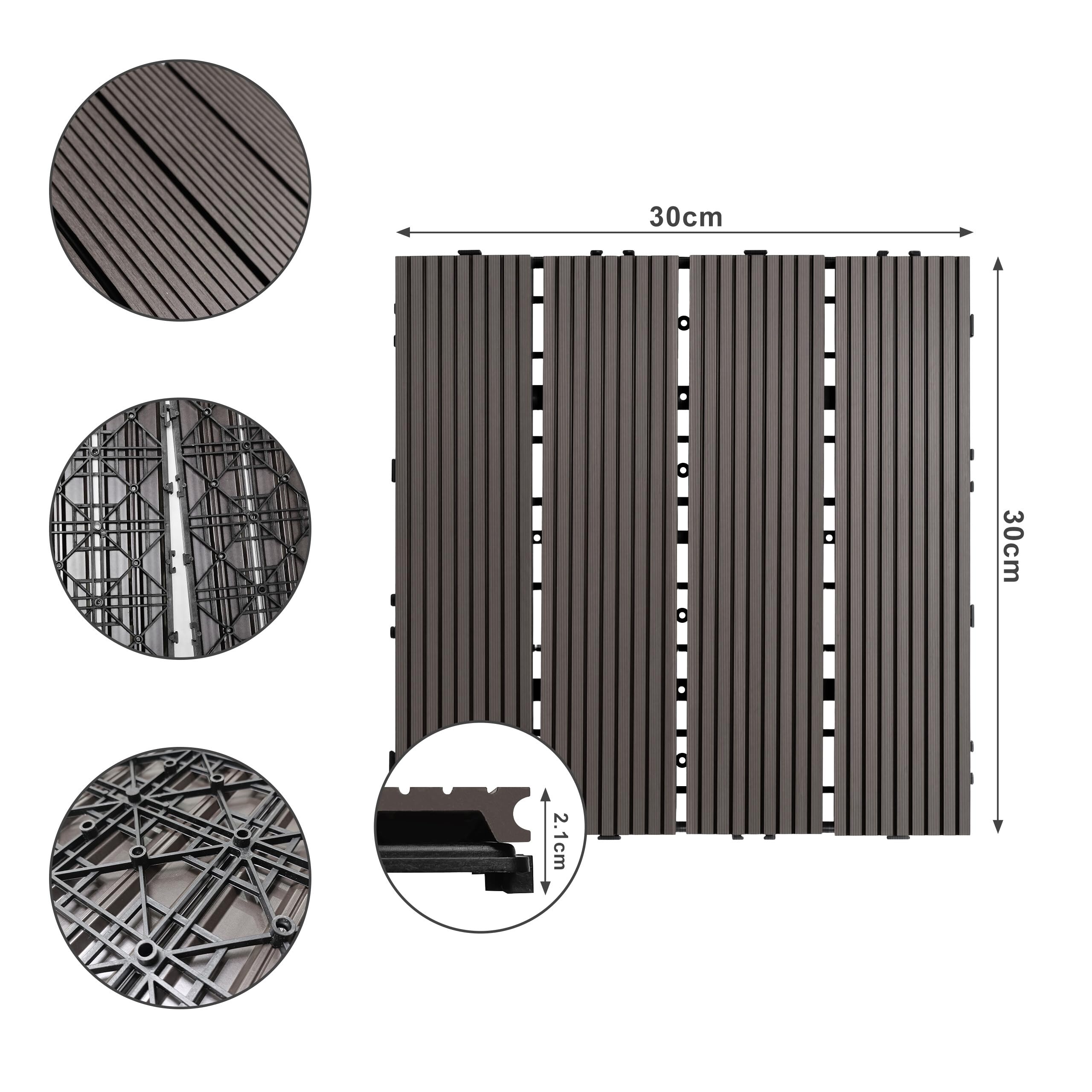 Relaxdays Dalles WPC, 22 pcs, 30x30 cm, 2 m², clipsables, Balcon/terrasse, résistantes, Aspect Bois, Gris