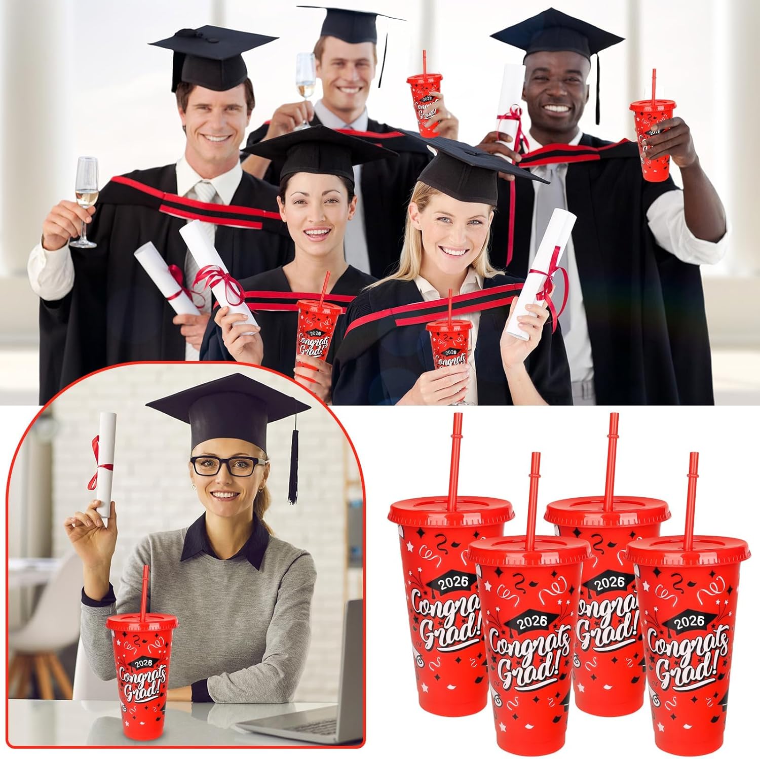 12 Pieces 2026 Graduation Plastic Cups with Lids and Straws 24 Oz Reusable Graduation Plastic Drinking Cup Class of 2026 Graduation Party Supplies for Graduation Hot Cold Drink Decorations (Red)