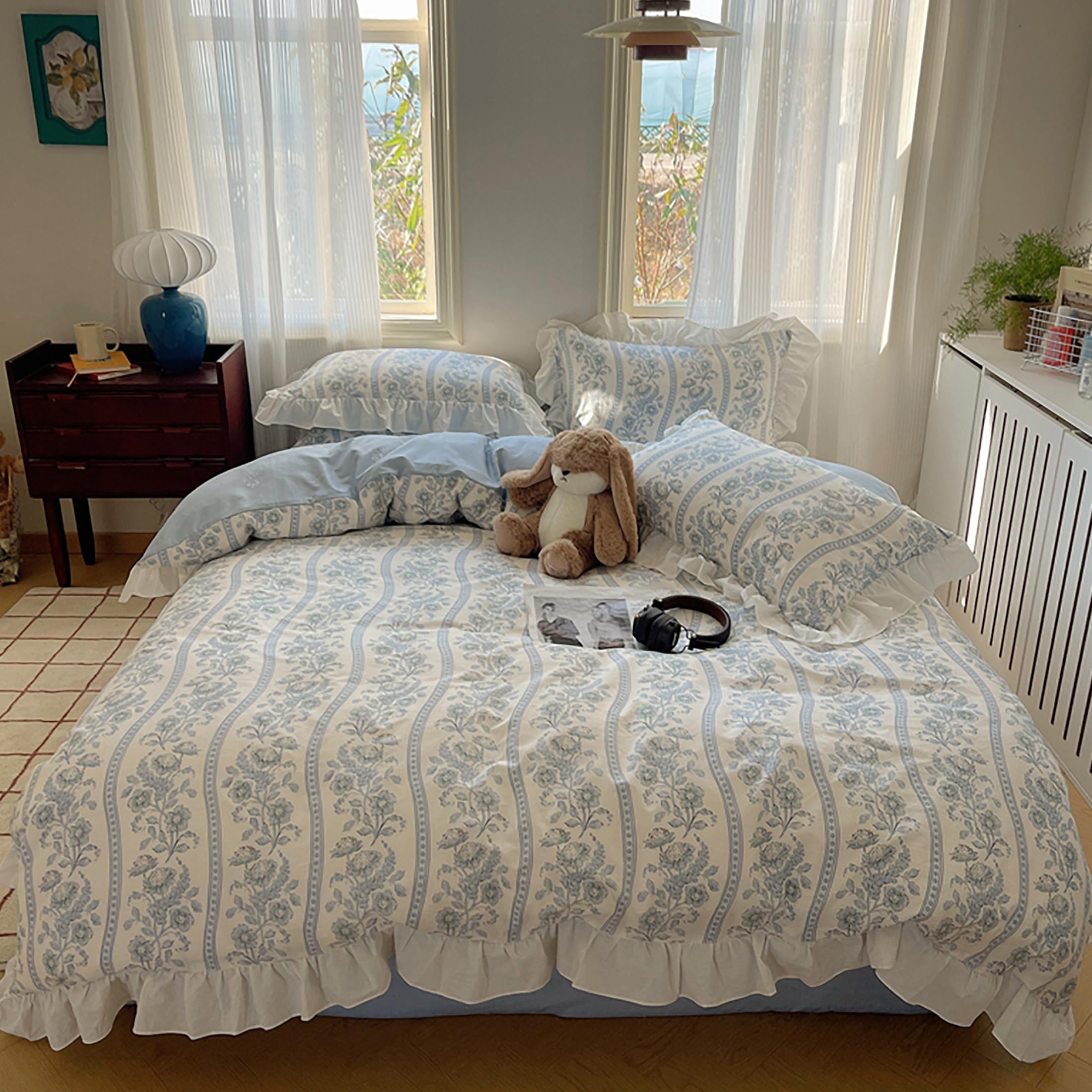 GETIYA Elegant Blau Blumen Bettwäsche 135x200 Baumwolle Bettwäsche Mädchen Damen Rüschen Bettbezug Blümchen Blumen Bettbezug Zweiteilig Weiß Blau Wendebettwäsche mit 1 Kissenbezug 80x80