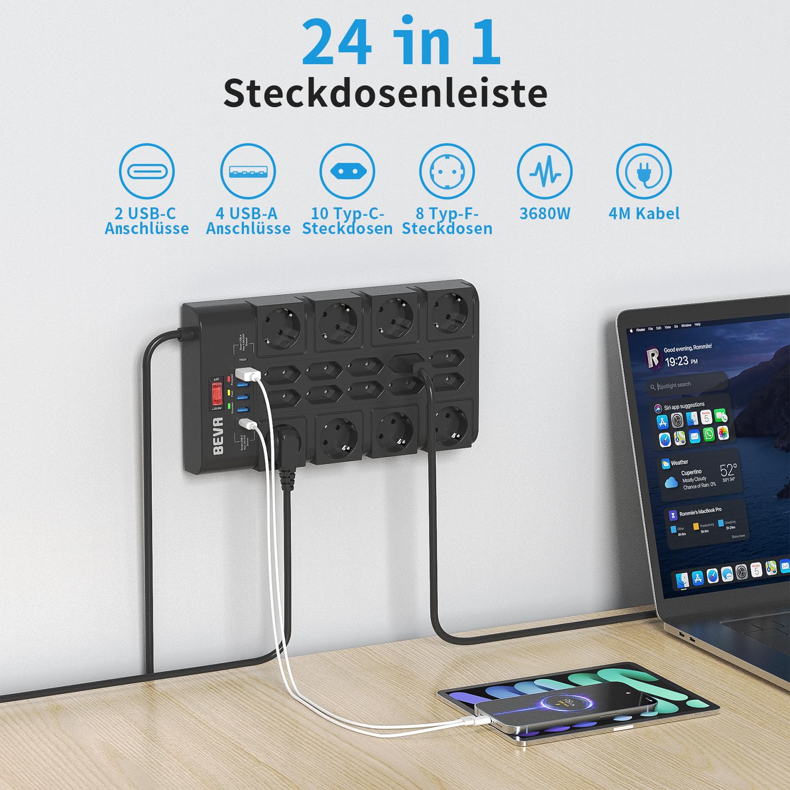 BEVA 18 Fach Steckdosenleiste 3680W/16A, Mehrfachsteckdose mit USB,4M Kabel | 2100J Steckdosenleiste Überspannungsschutz ,Mehrfachstecker mit Schalter und 2 USB-C (15W)+4 USB-A, für Büro und zu Hause