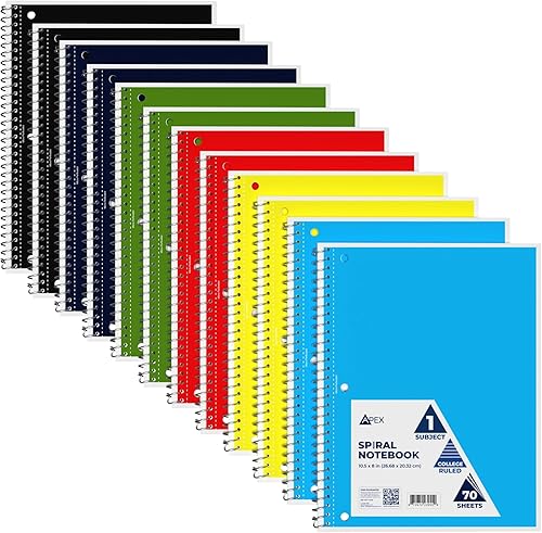 Miniatura 1 de Cuaderno de espiral, cuadernos de rayas universitarias (paquete de 12), 70 hojas, una sola materia, cuadernos a granel, surtido de 6 colores, hojas