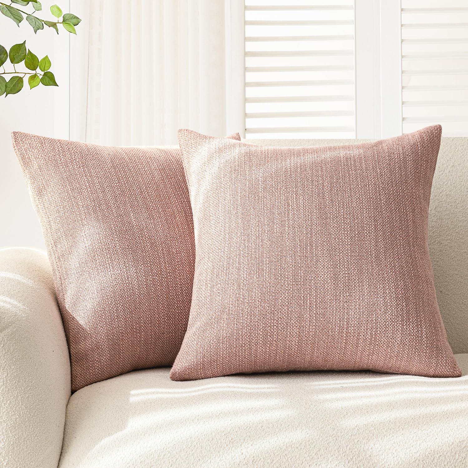 Foindtower Set of 2 Decorative Textured Burlap Linen Throw Pillow Covers Farmhouse Boho Cushion Cover Solid Accent Pillowcase for Couch Sofa Bed Living Room Home Decor, 22×22 Inch,Dusty Pink