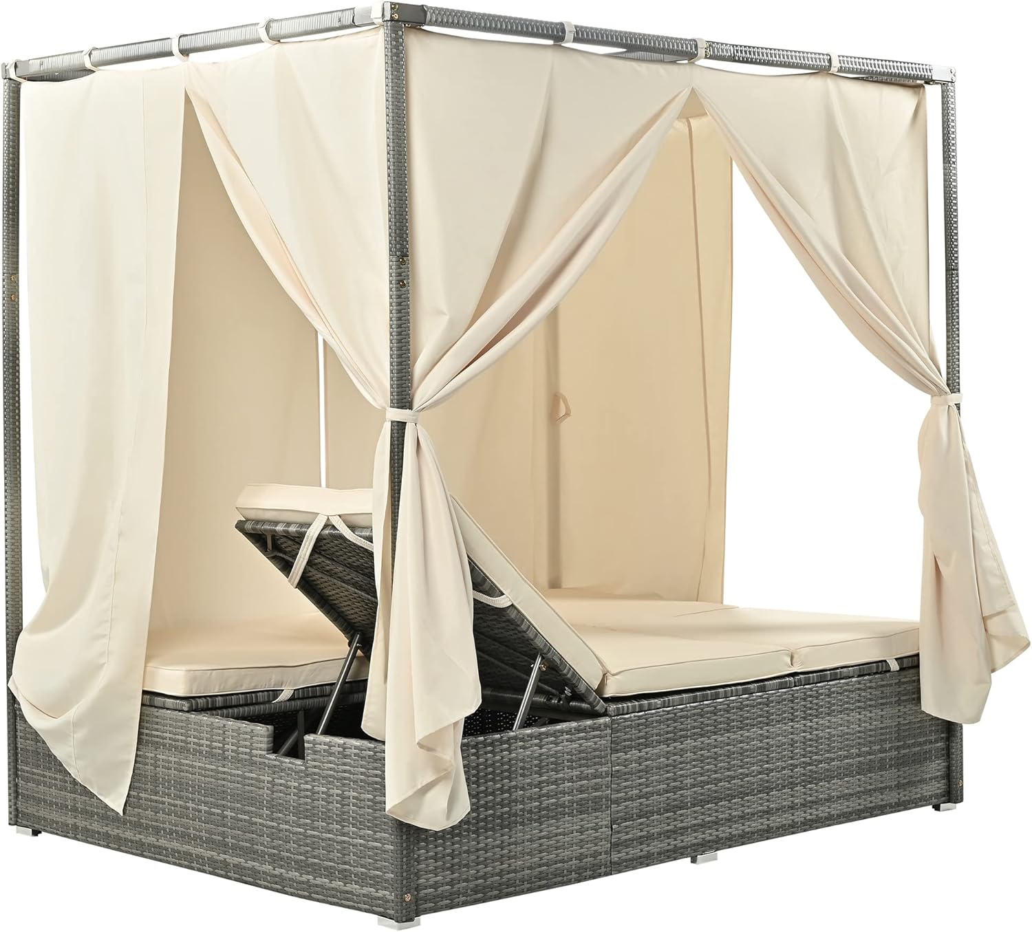 All Weather Outdoor Patio Wicker Adjustable Sun Bed with Curtain, UV-Proof PE Rattan Seating Relaxing Daybed Sunbed with Cushions for Balcony Garden Backyard Poolside (Beige-2)