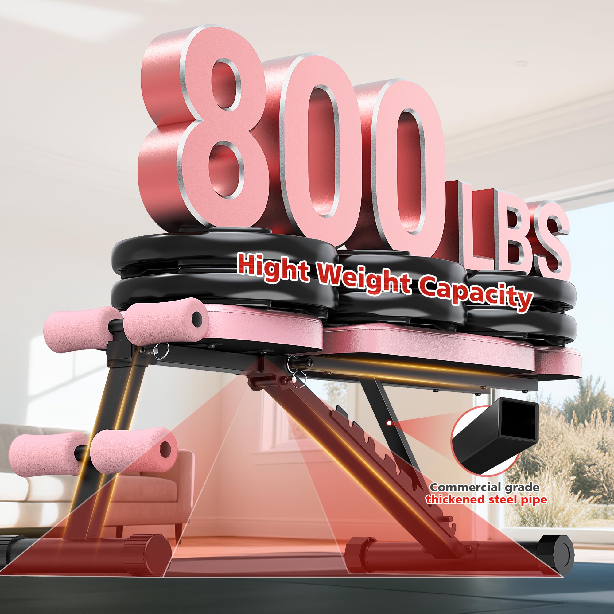 Workout Bench, 10 Backrests Adjustable Weight Bench with Extended Headrest, 800LBS Foldable Weight Bench for Home Gym, Incline Decline Flat Bench Compact for Small Space Training