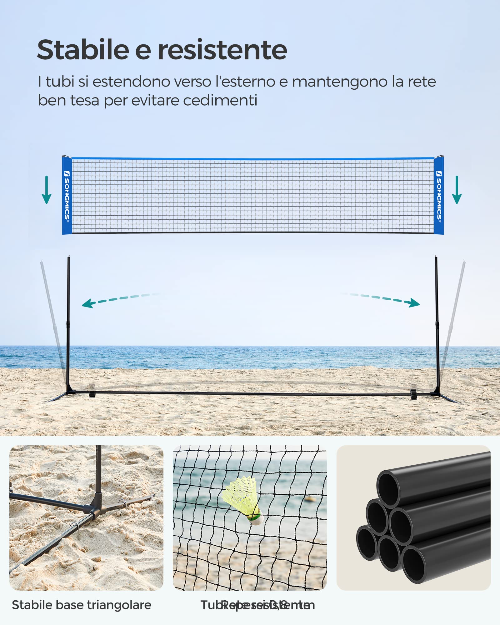 SONGMICS Rete da badminton da 3 m, rete da pallavolo, altezza pali regolabili, set portatile per tennis