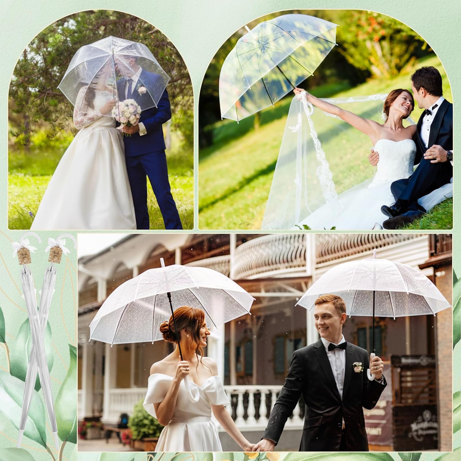 Capoda 12 Pack Clear Umbrellas Wedding Bulk Transparent Bubble Rain Umbrellas with J Hook Handle Set Included Thank You Cards White Ribbon for Guests Women's Wedding Bridal Parties Gifts Supplies