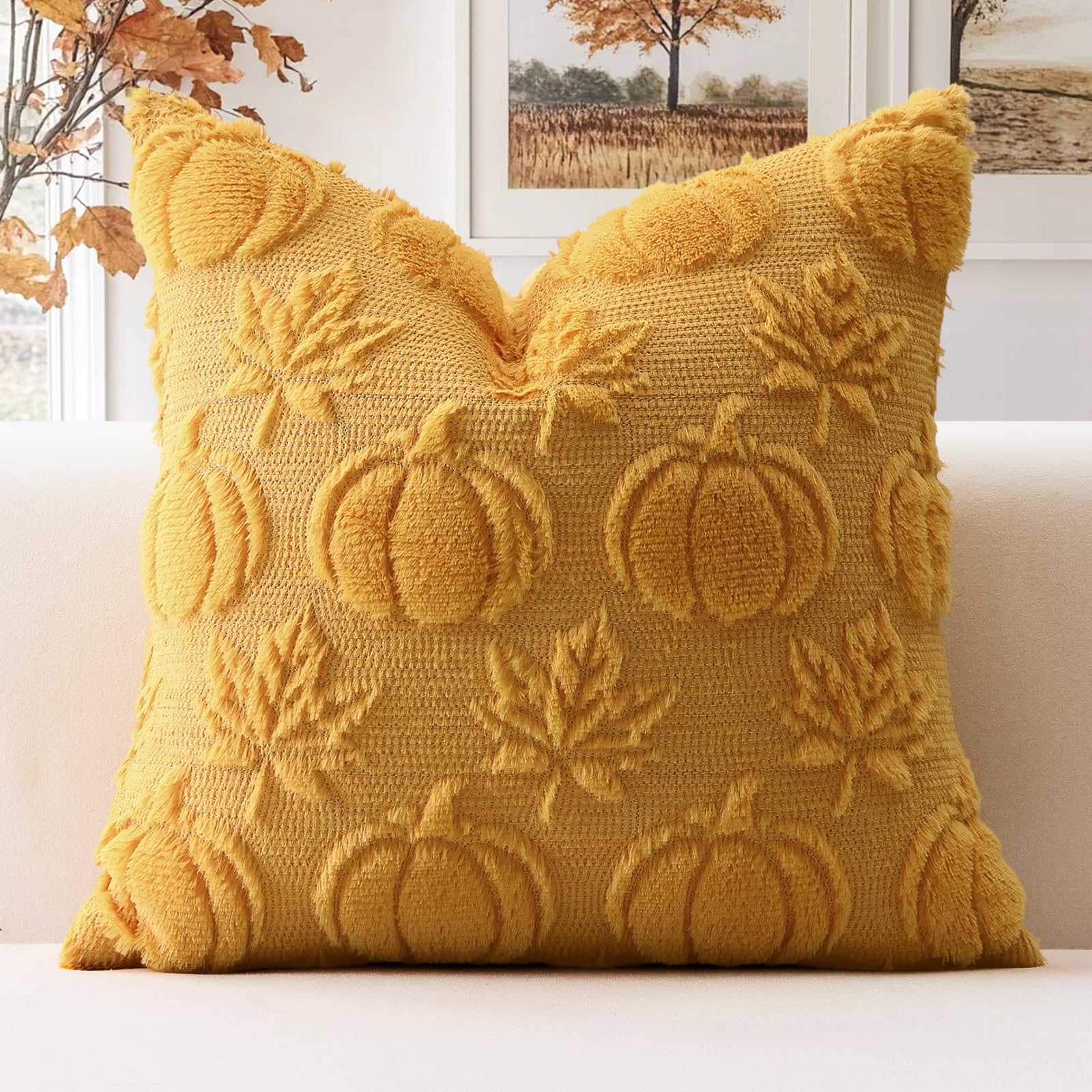 Artscope Fall Cushion Cover Set of 1 Autumn Pumpkin Maple Leaves Throw Pillow Covers for Sofa Couch Bed Living Room Soft Plush Short Wool Velvet Pillowcase for Halloween 50x50cm Mustard Yellow