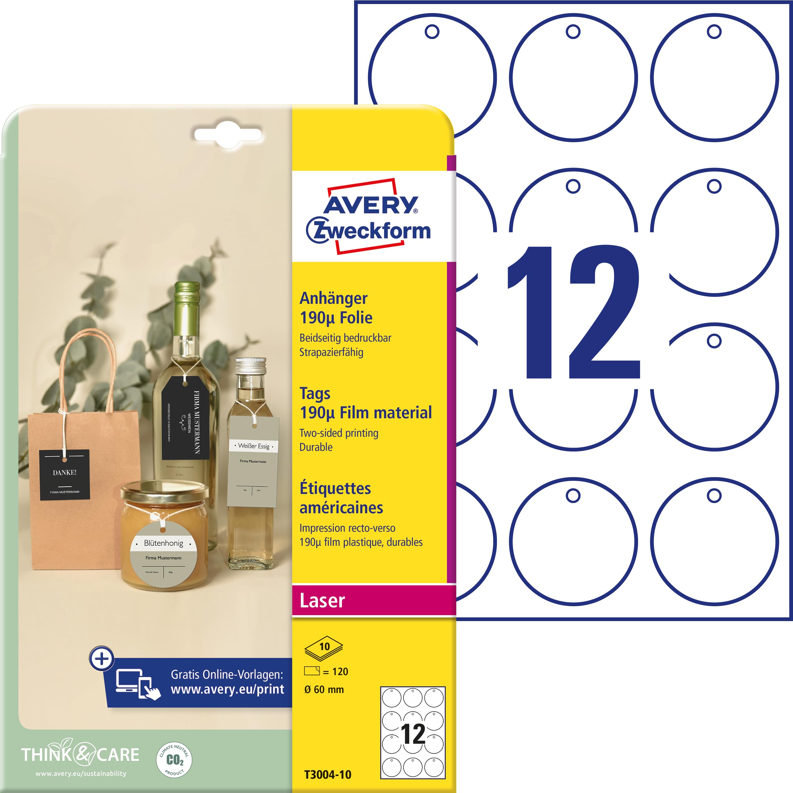 AVERY Zweckform T3004-10 Sturdy Tags Pack of 120 with Cords (Diameter 60 mm on A4, Printable on Both Sides, Tear-Resistant, Durable Gift Tags, Price Tags) Foil, White