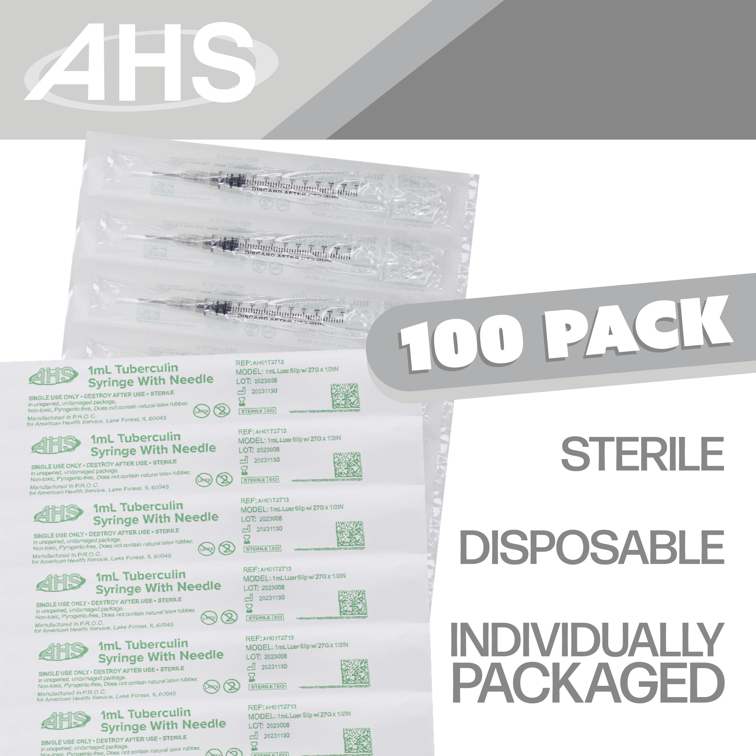 Generic 100 Pack, 1mL Tuberculin Syringes with Needle Luer Slip Syringe Individually Packaged (1mL, 27G x 1/2in)