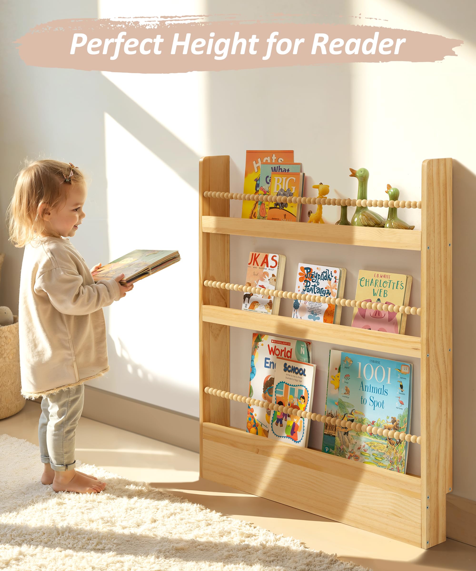 Estantería para niños de 31.5 pulgadas, de madera natural, estante organizador de pared, estantes colgantes para niños, rincón de lectura, decoración bohemia para habitación de niños, sala 2