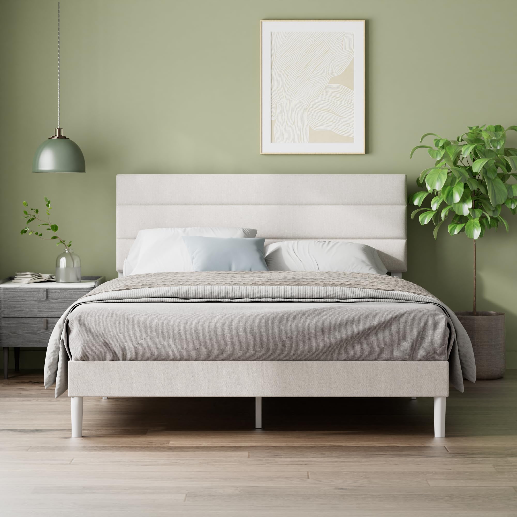 Zinus Piper Struttura Letto 160x190 cm con Testiera - Altezza 30 cm - Letto Matrimoniale Imbottito con Rete a Doghe in Legno - Facile da Montare - Bianco Sporco