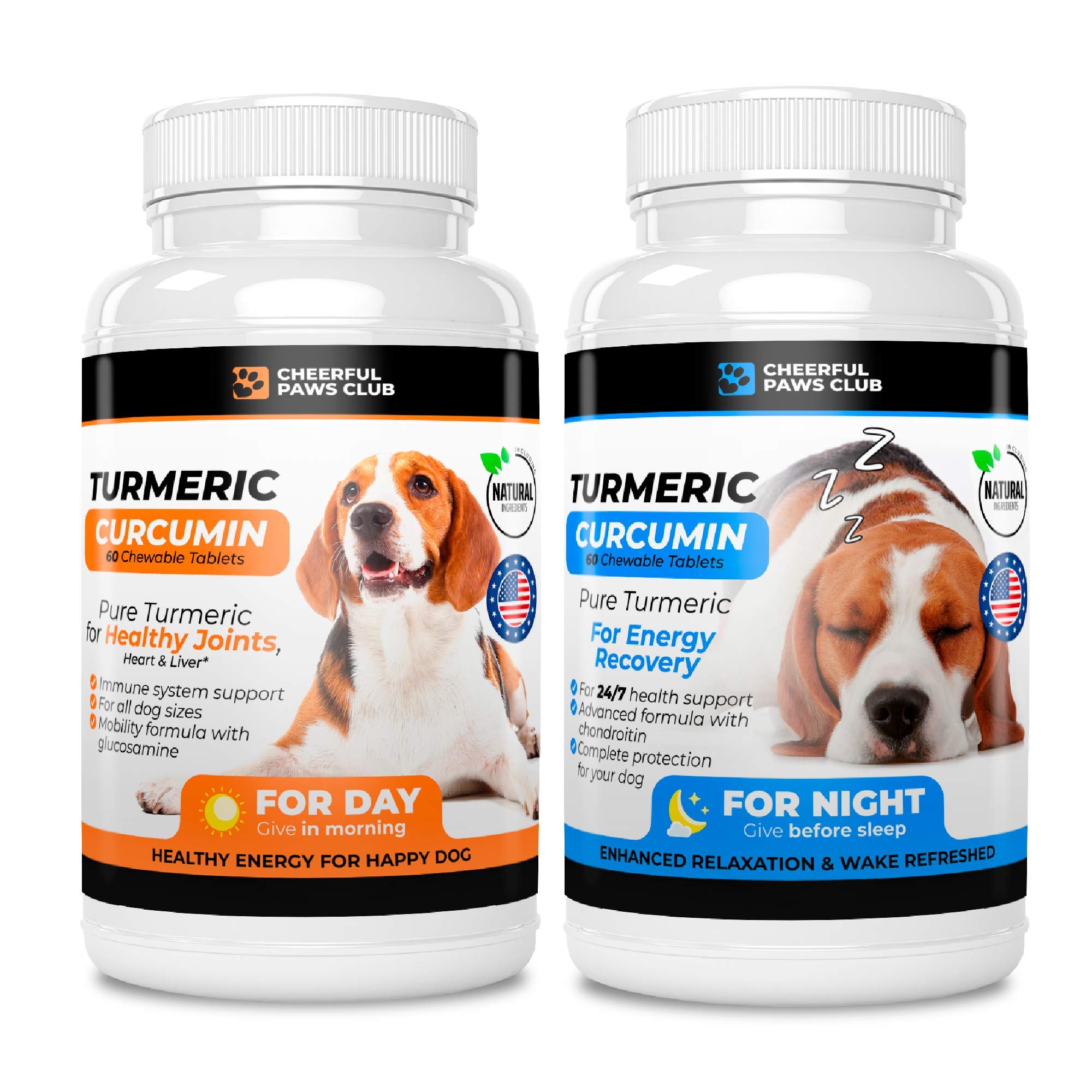 Cheerful Paws Club Organic Turmeric Curcumin Chewable Tablets for Dogs - Formula with Glucosamine Chondroitin MSM - Hips and Joint Supplement - Immune Support - Day and Night 60+60 Chews - Made in USA