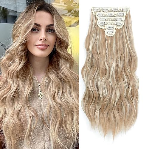 Miniatura 26 de Synthetic Clip in Hair Extensions, 6PCS Natural &Soft Hair& Blends Well Lonng Wavy Hairpieces(20inch,6pcs, Black with Brown Highlights)