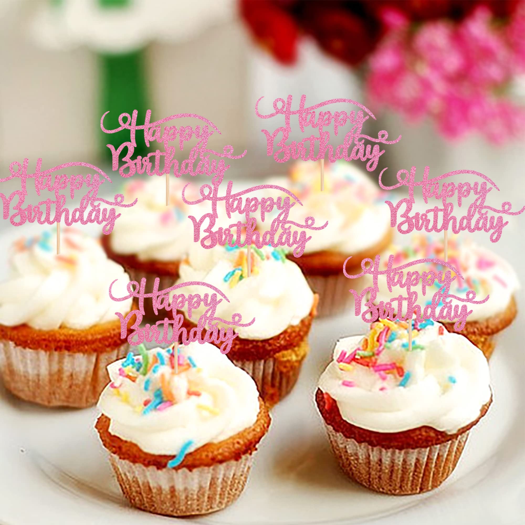 Rsstarxi 24 Pack Happy Birthday Cupcake Toppers Pink Glitter Birthday ...