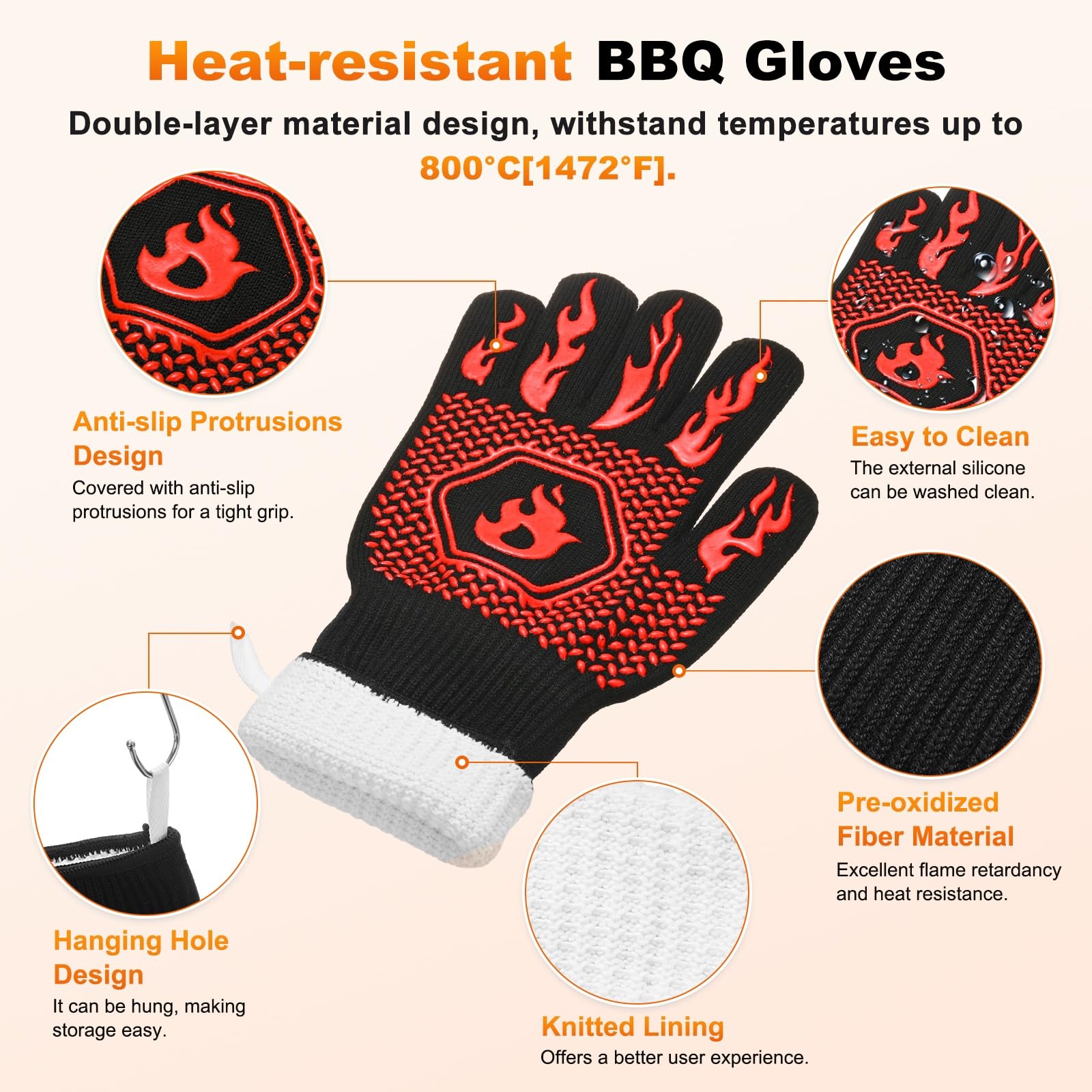M METERXITY 1 par de guantes para barbacoa, resistentes al calor, antideslizantes, resistentes al calor, para barbacoa, hornear, cocinar, con bolsa de almacenamiento [patrón de llama media, rojo]