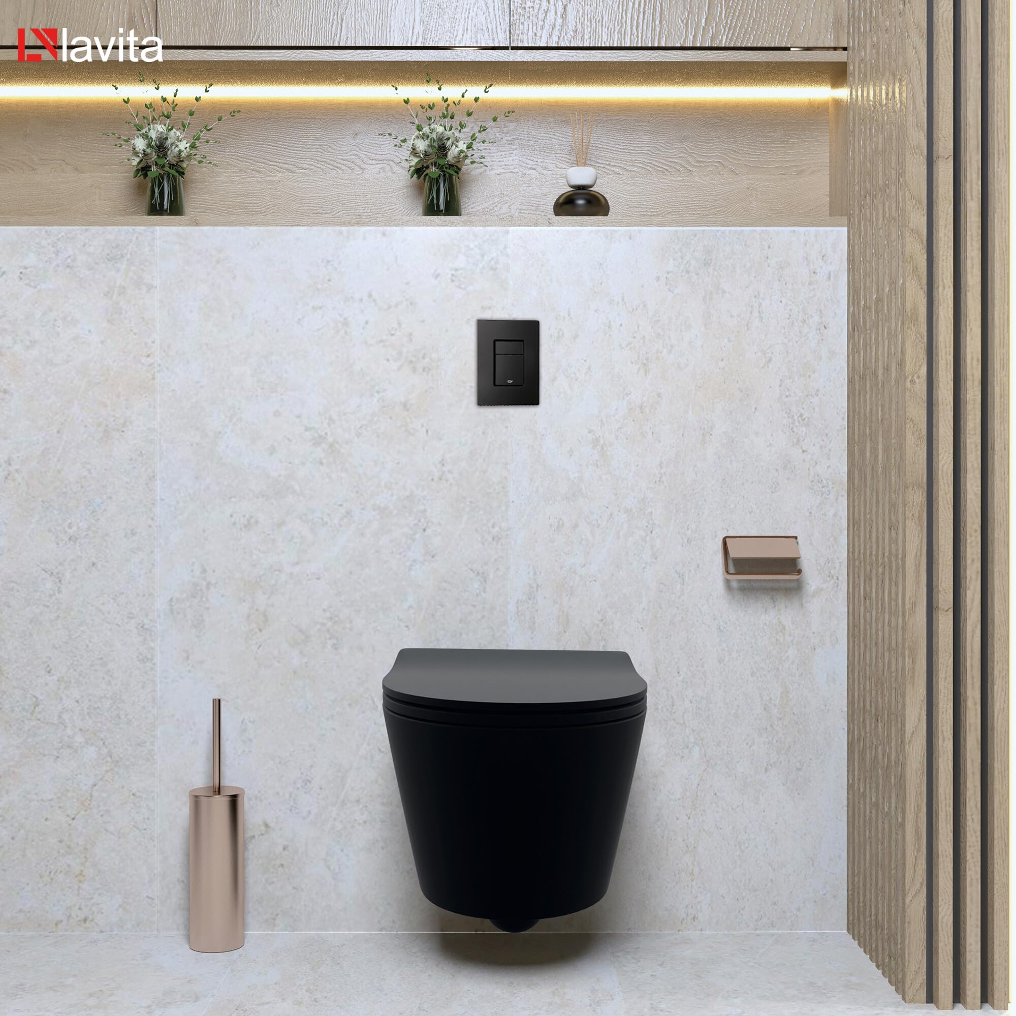 LAVITA | Élément mural Solido + WC suspendu mural Praia noir sans bord + abattant WC SoftClose | Bouton noir | Kit complet | Réservoir de chasse encastré | Kit complet | WC complet |