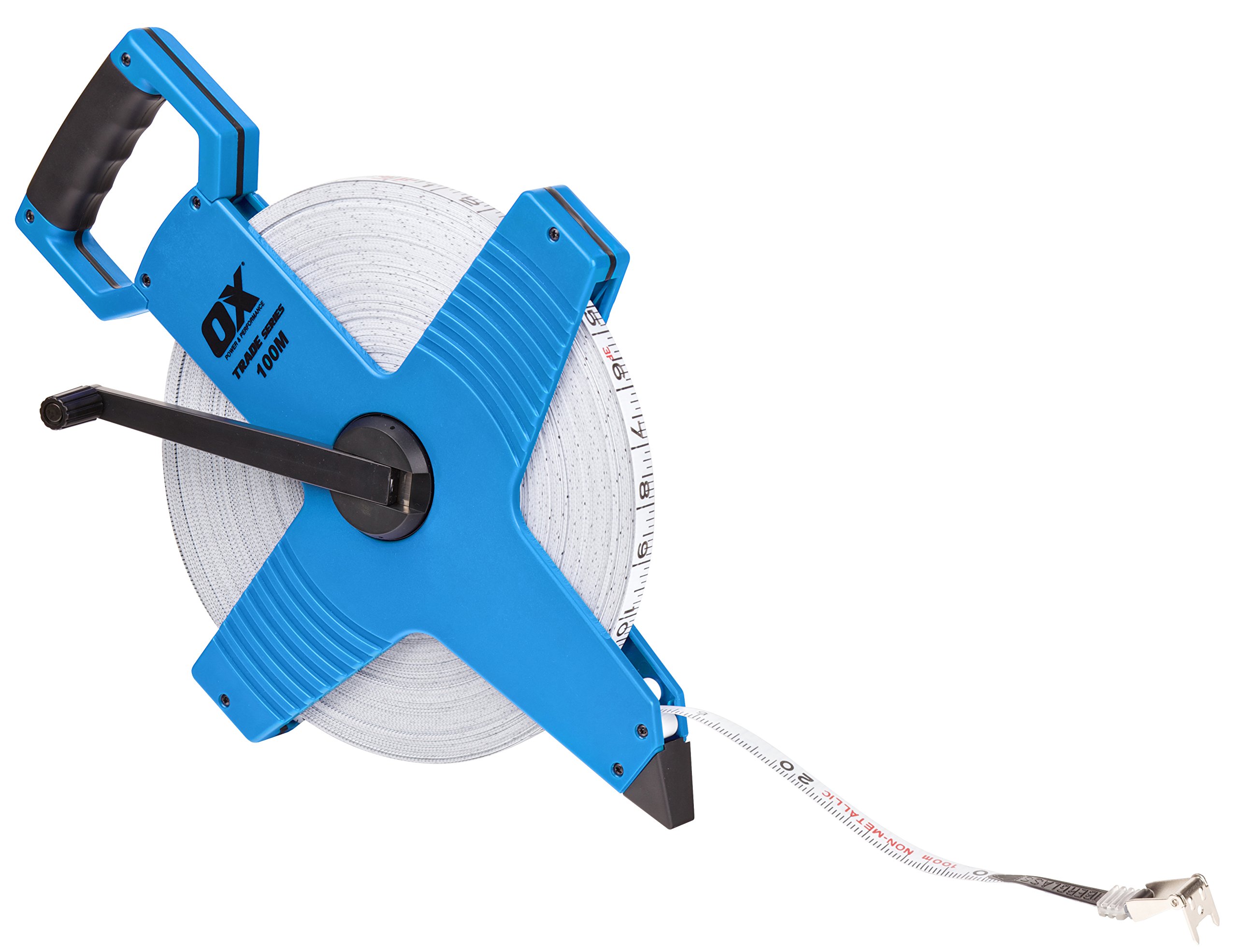 Ox Tools Blue/Black Ox Trade Open Reel Fibreglass Measuring Tape - Metric Measure Tape - Hi-Impact Fibreglass Construction - 100M/330 Ft