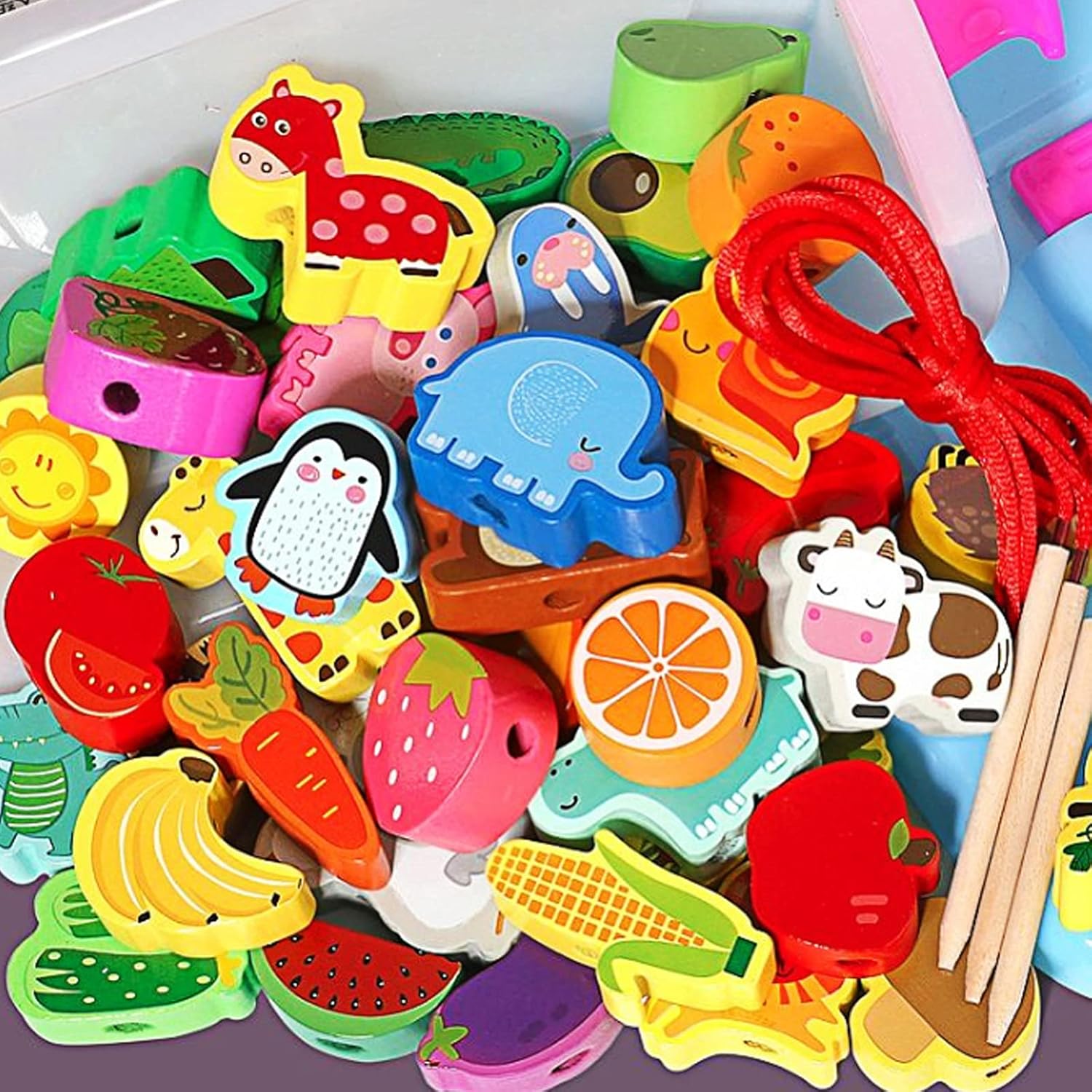 42 Pieces Toddler Threading Toy Wooden Educational String Lacing Beads