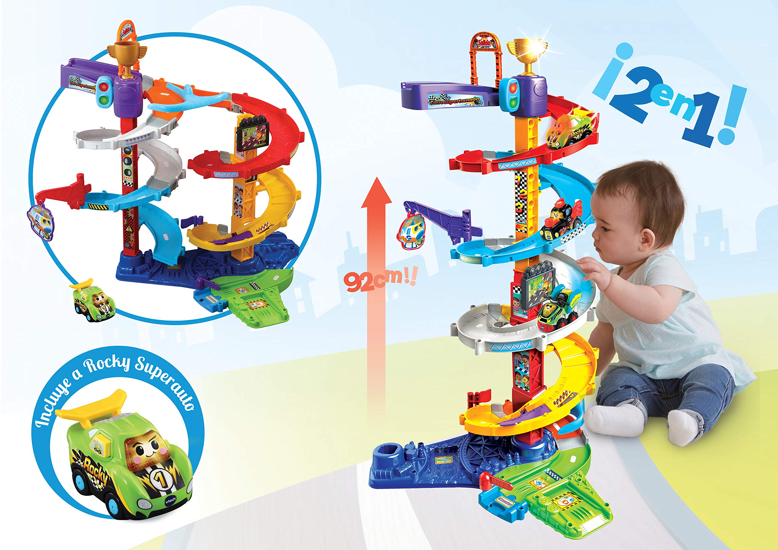 VTech 3480-535022 Supertornado Tower TutTut Bólidos, obwód garażowy, tory łączące, różne wycieczki, spirala - zawiera Rocky Superbolid Vehicle