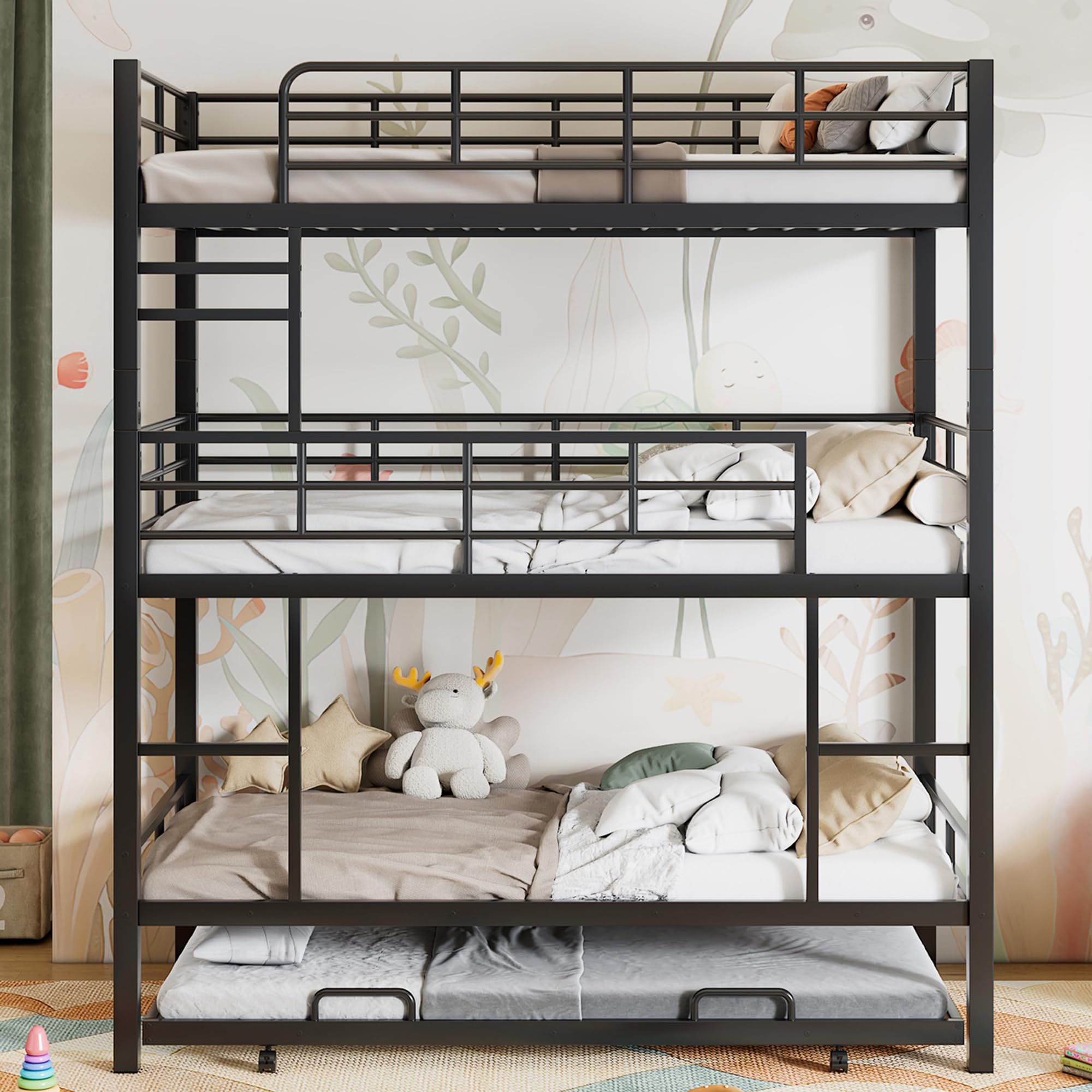Heavy Duty Triple Bunk Bed Twin Over Twin Over Twin, 3 Bunk Bed with Trundle, Kids Bunk Bed with 2 Ladders and Guardrails, Triple Bunk Beds for Kids, White Triple Bunk Bed Twin Size (Black)